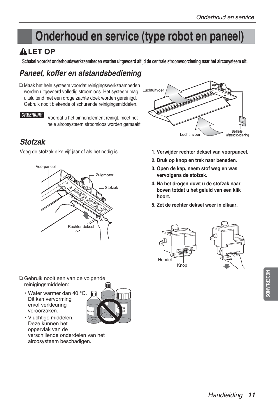Onderhoud en service (type robot en paneel), Paneel, koffer en afstandsbediening, Stofzak | Let op, Handleiding 11, Onderhoud en service | LG ARNU09GTUC2 User Manual | Page 123 / 273