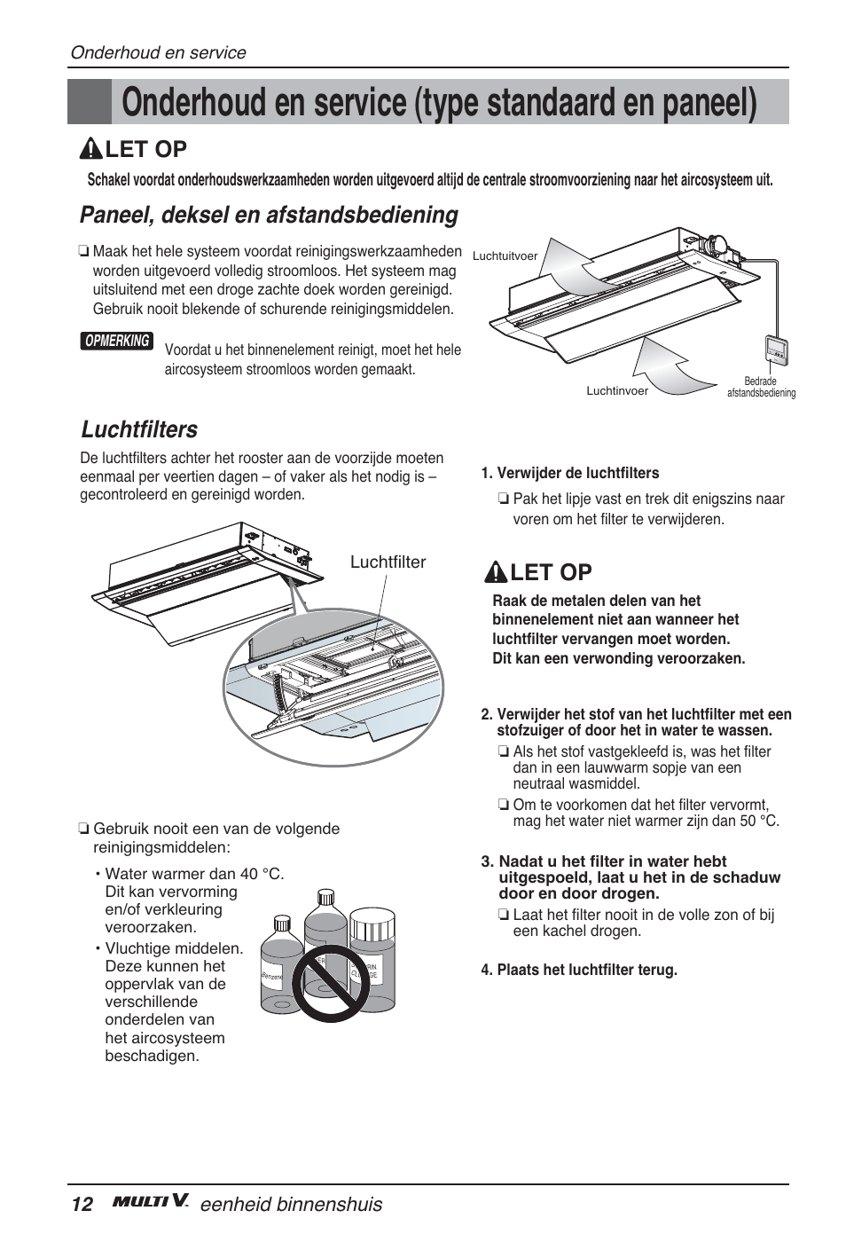 Onderhoud en service (type standaard en paneel), Paneel, deksel en afstandsbediening, Luchtfilters | Let op, 12 eenheid binnenshuis | LG ARNU09GTUC2 User Manual | Page 124 / 273