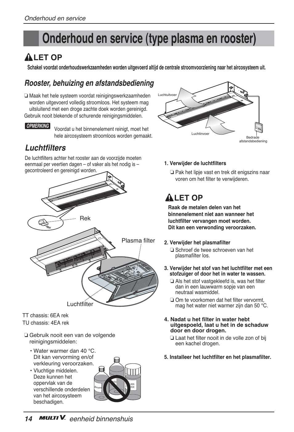 Onderhoud en service (type plasma en rooster), Rooster, behuizing en afstandsbediening, Luchtfilters | Let op, 14 eenheid binnenshuis | LG ARNU09GTUC2 User Manual | Page 126 / 273