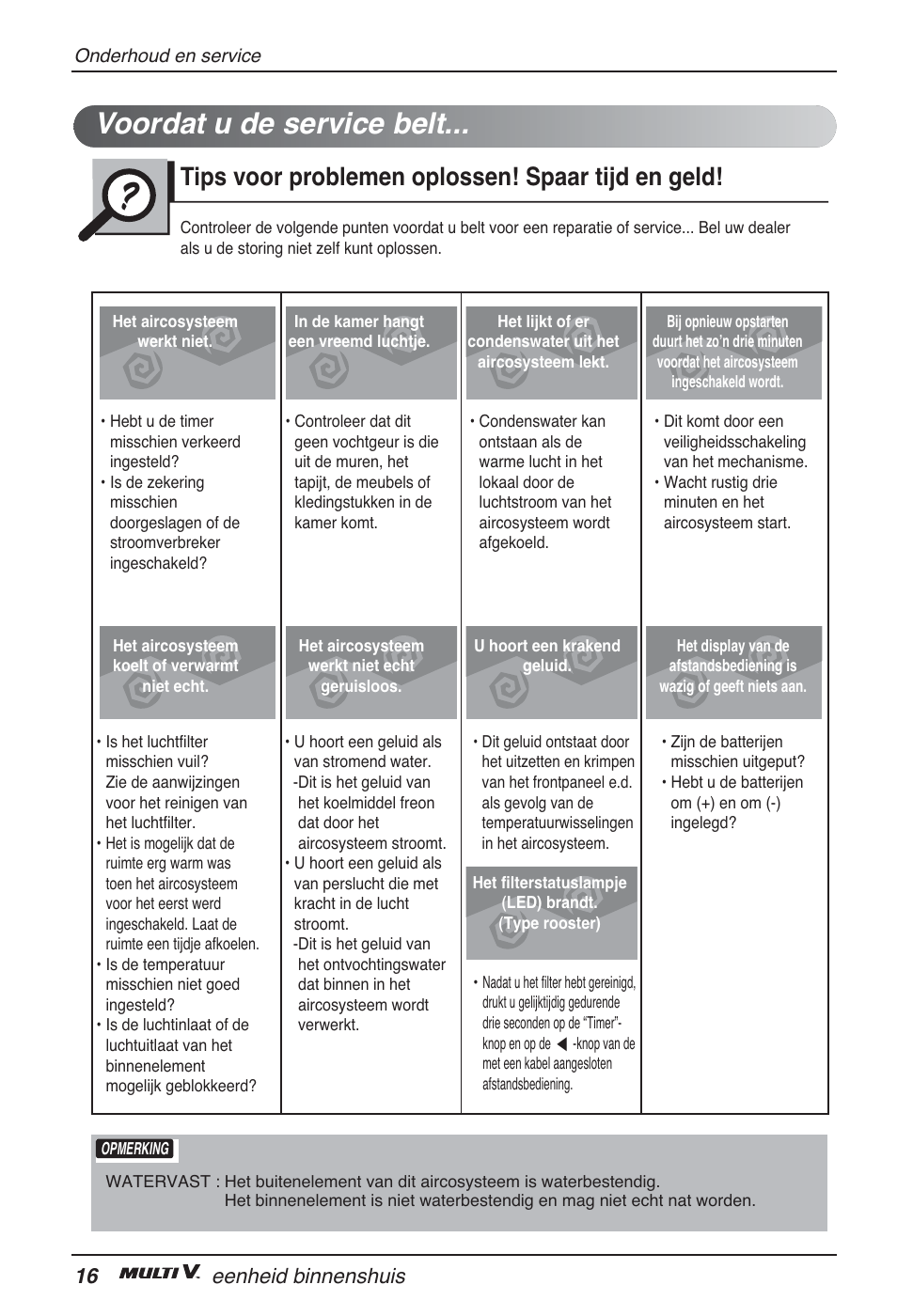 Voordat u de service belt, Tips voor problemen oplossen! spaar tijd en geld, 16 eenheid binnenshuis | LG ARNU09GTUC2 User Manual | Page 128 / 273