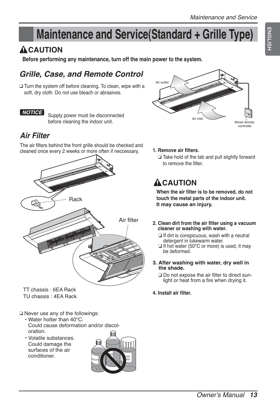 Maintenance and service(standard + grille type), Grille, case, and remote control, Air filter | Caution, Ownerʼs manual 13 | LG ARNU09GTUC2 User Manual | Page 13 / 273