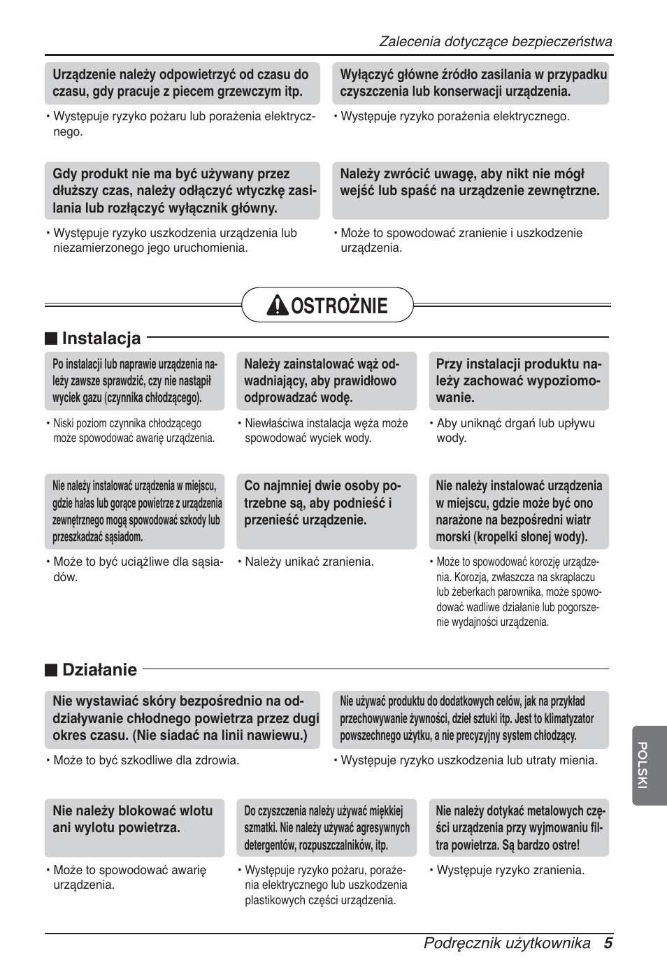 Ostrożnie, N instalacja, N działanie | LG ARNU09GTUC2 User Manual | Page 133 / 273