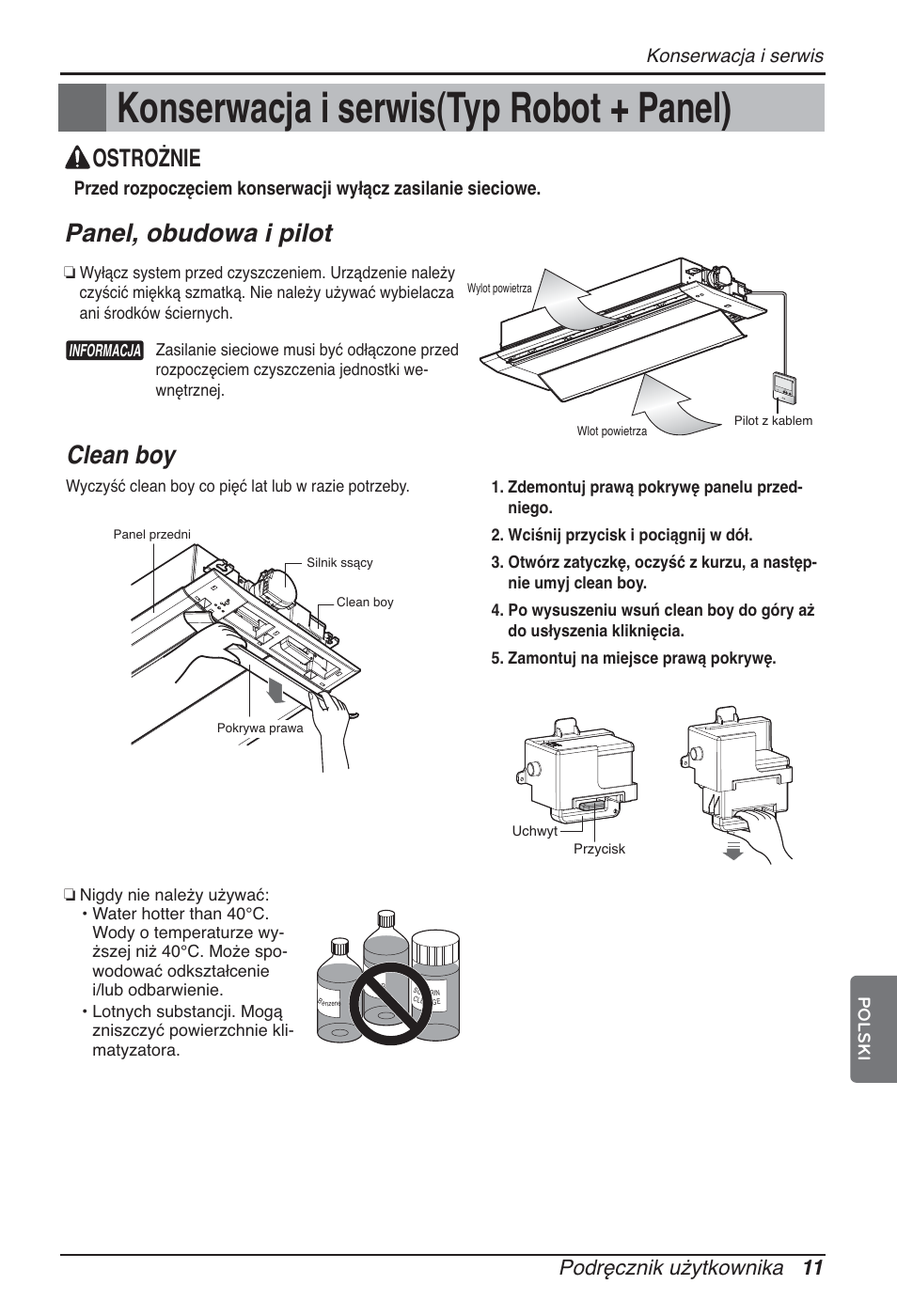 Konserwacja i serwis(typ robot + panel), Panel, obudowa i pilot, Clean boy | Ostrożnie, Podręcznik użytkownika 11, Konserwacja i serwis | LG ARNU09GTUC2 User Manual | Page 139 / 273