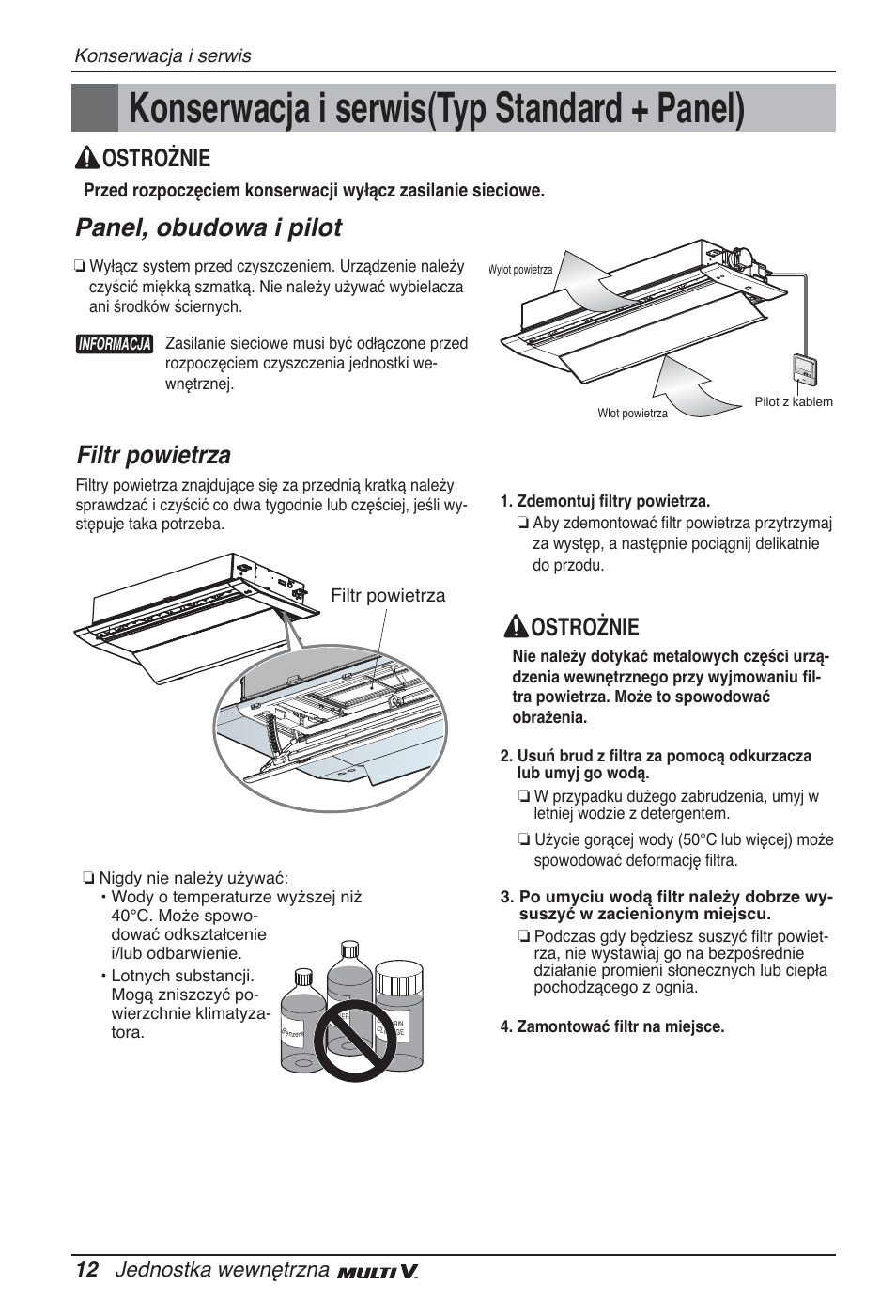 Konserwacja i serwis(typ standard + panel), Panel, obudowa i pilot, Filtr powietrza | Ostrożnie, 12 jednostka wewnętrzna | LG ARNU09GTUC2 User Manual | Page 140 / 273