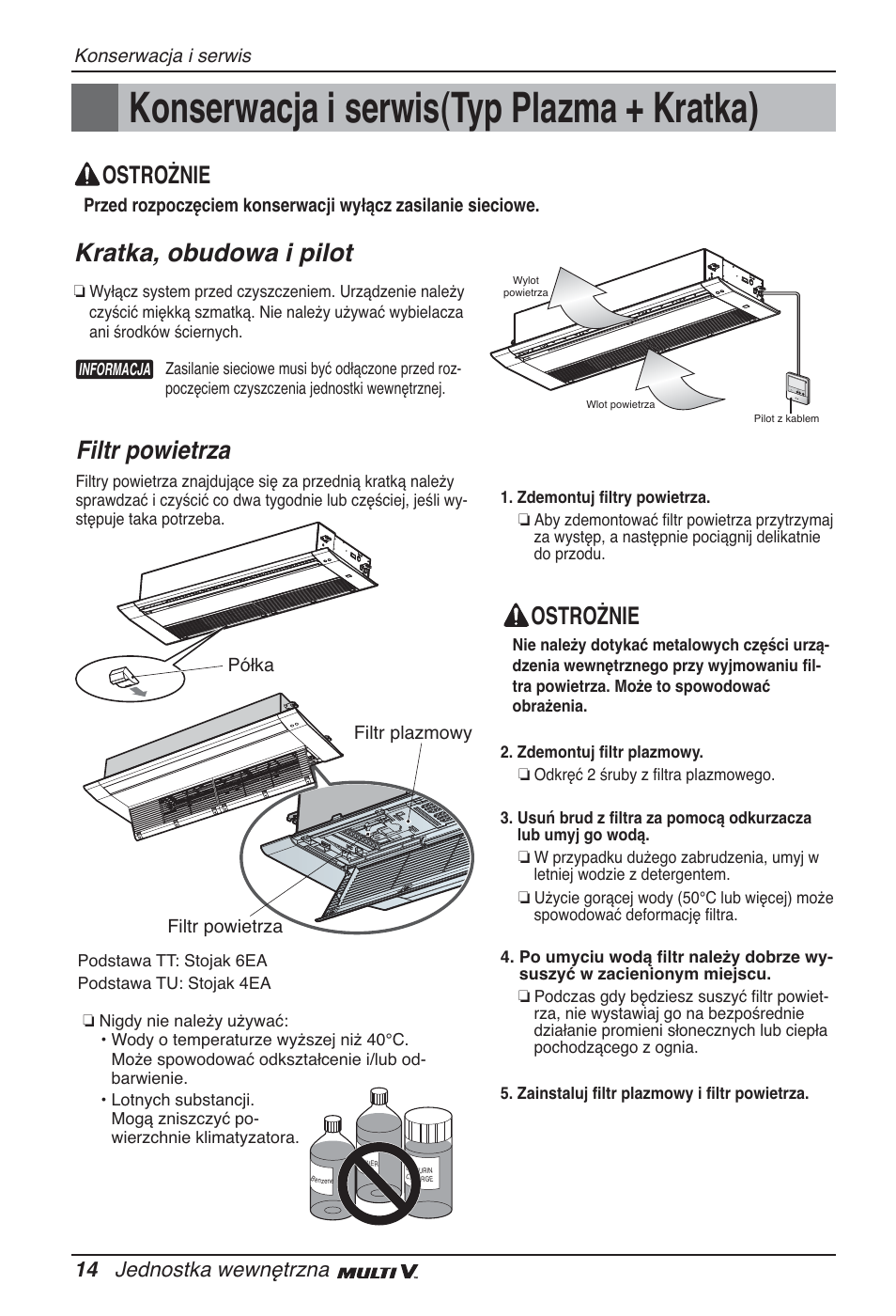 Konserwacja i serwis(typ plazma + kratka), Kratka, obudowa i pilot, Filtr powietrza | Ostrożnie, 14 jednostka wewnętrzna | LG ARNU09GTUC2 User Manual | Page 142 / 273