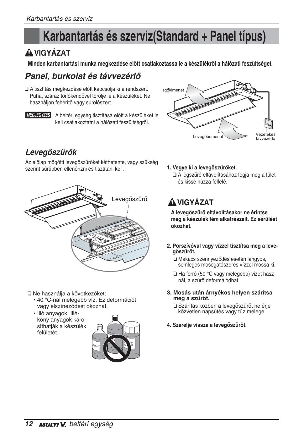 Karbantartás és szerviz(standard + panel típus), Panel, burkolat és távvezérlő, Levegőszűrők | Vigyázat, 12 beltéri egység | LG ARNU09GTUC2 User Manual | Page 156 / 273