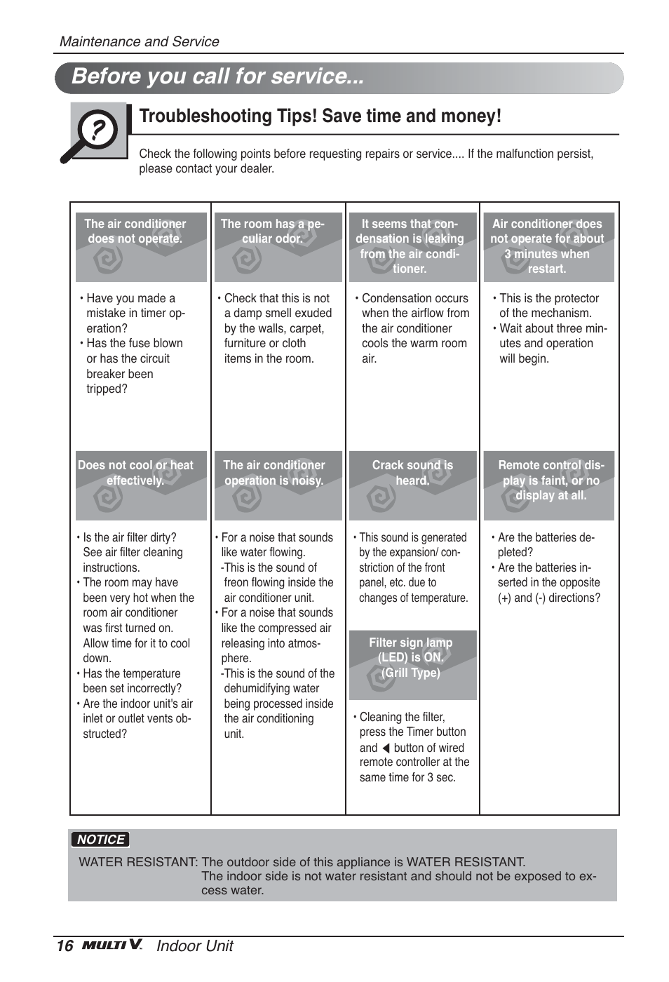 Before you call for service, Troubleshooting tips! save time and money, 16 indoor unit | LG ARNU09GTUC2 User Manual | Page 16 / 273