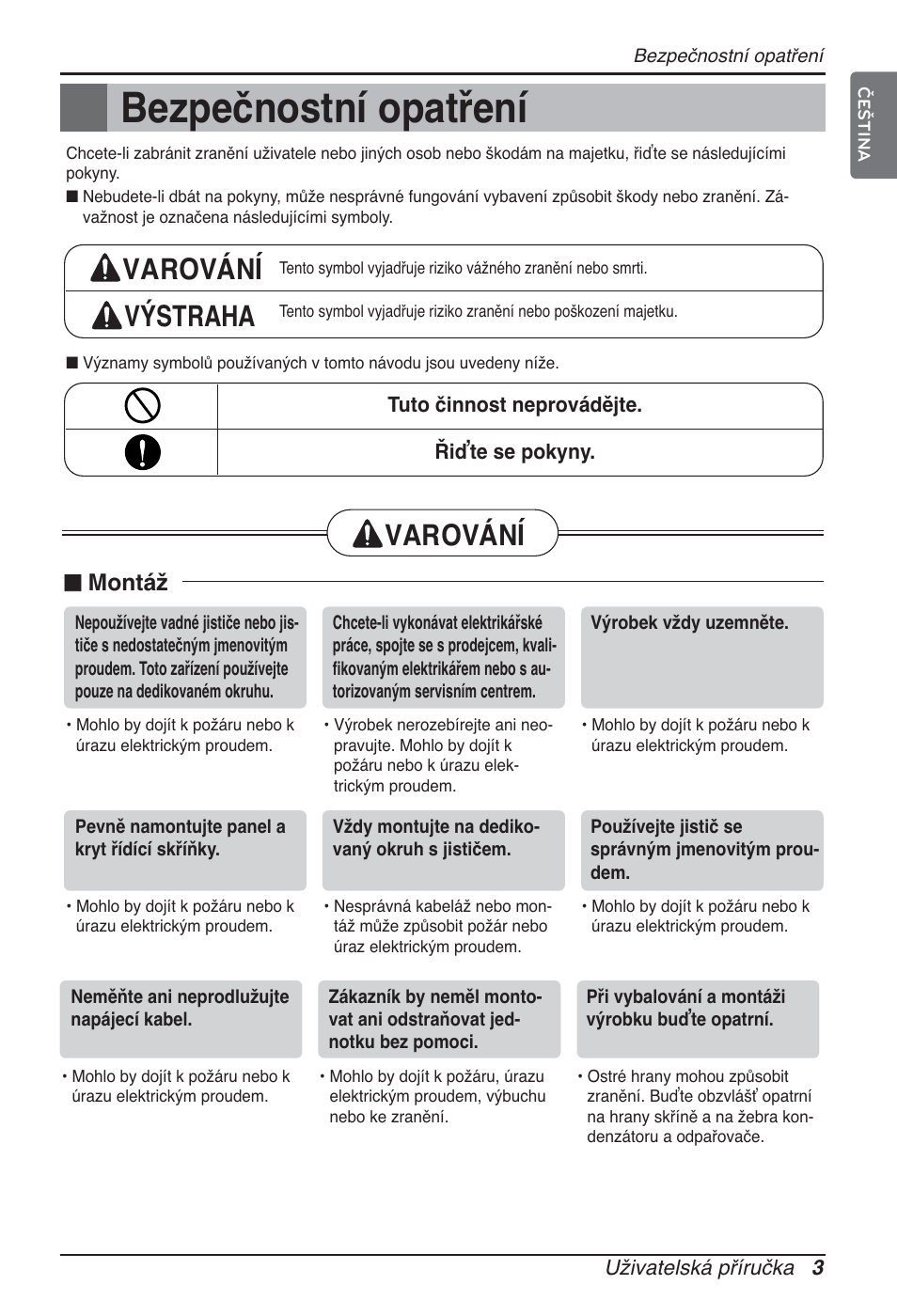 Bezpečnostní opatření, Varování výstraha, Varování | N montáž | LG ARNU09GTUC2 User Manual | Page 163 / 273