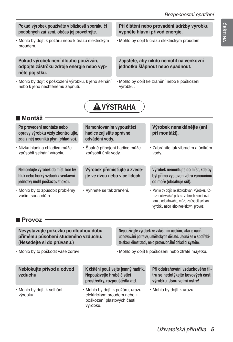 Výstraha, N montáž, N provoz | LG ARNU09GTUC2 User Manual | Page 165 / 273