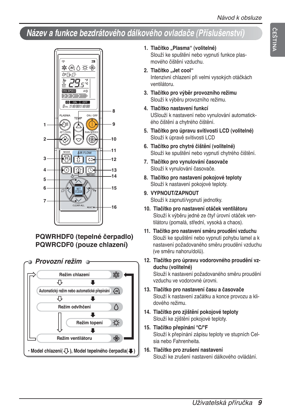 Provozní režim, Uživatelská příručka 9 | LG ARNU09GTUC2 User Manual | Page 169 / 273