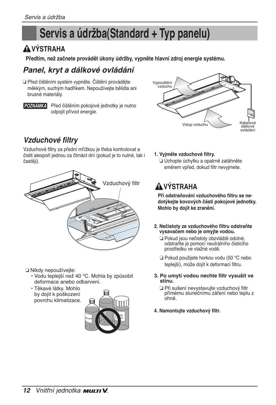 Servis a údržba(standard + typ panelu), Panel, kryt a dálkové ovládání, Vzduchové filtry | Výstraha, 12 vnitřní jednotka | LG ARNU09GTUC2 User Manual | Page 172 / 273