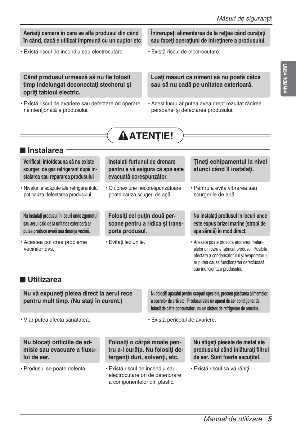 Atenţie, N instalarea, N utilizarea | LG ARNU09GTUC2 User Manual | Page 181 / 273