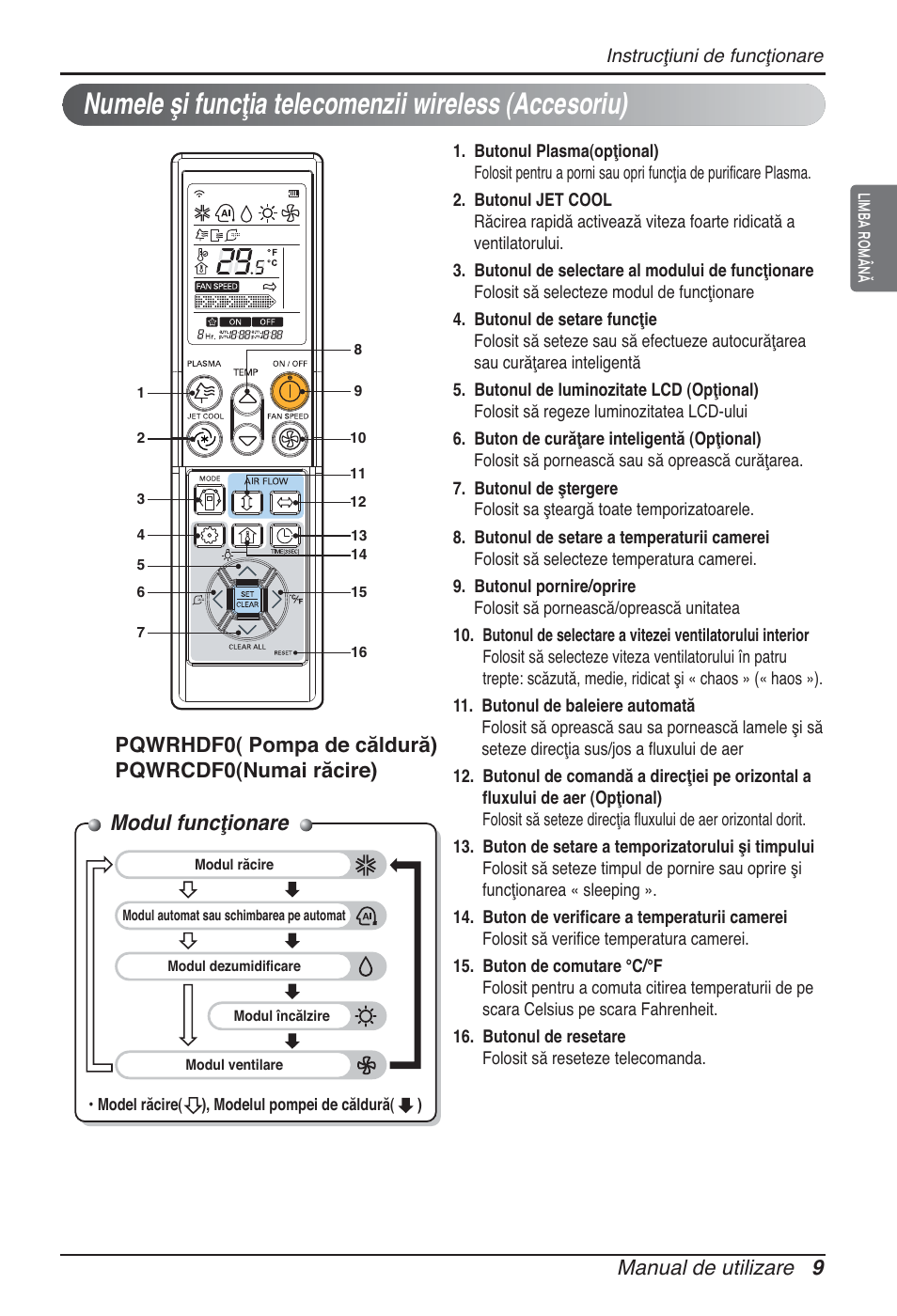 Modul funcţionare, Manual de utilizare 9, Pqwrhdf0( pompa de căldură) pqwrcdf0(numai răcire) | LG ARNU09GTUC2 User Manual | Page 185 / 273