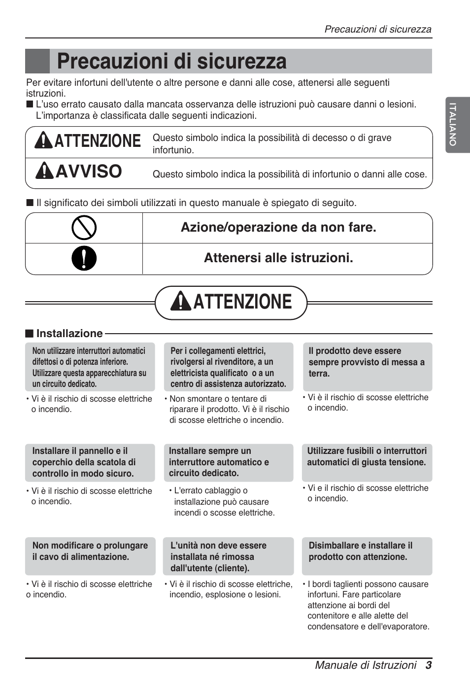 Precauzioni di sicurezza, Attenzione, Attenzione avviso | LG ARNU09GTUC2 User Manual | Page 19 / 273