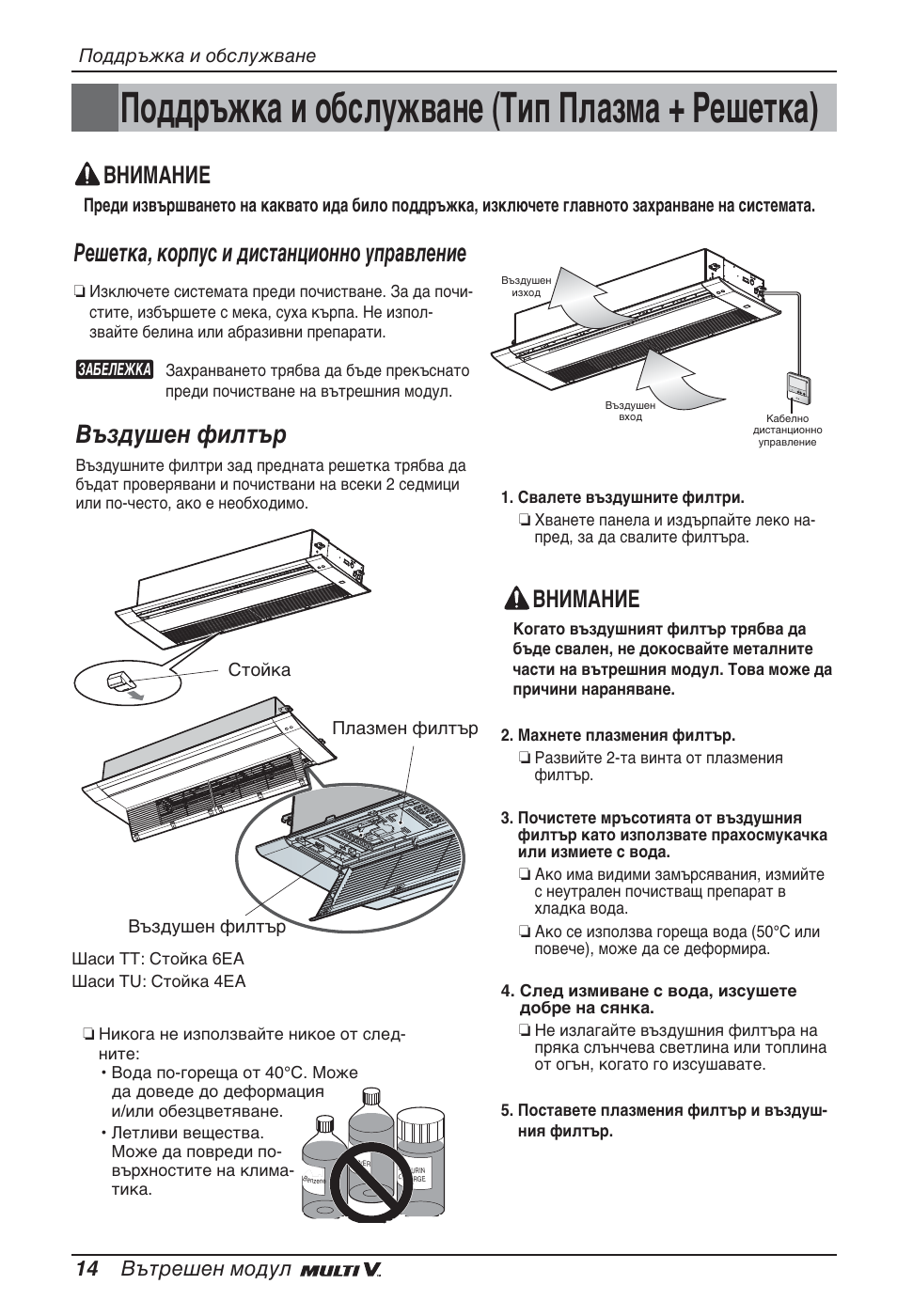 Поддръжка и обслужване (тип плазма + решетка), Решетка, корпус и дистанционно управление, Въздушен филтър | Внимание, 14 вътрешен модул | LG ARNU09GTUC2 User Manual | Page 206 / 273