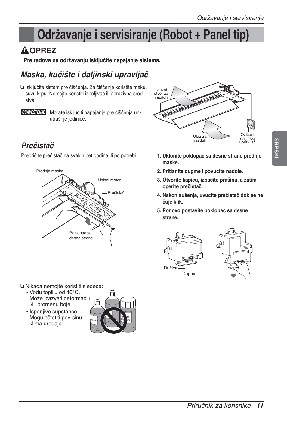 Održavanje i servisiranje (robot + panel tip), Maska, kućište i daljinski upravljač, Prečistač | Oprez, Priručnik za korisnike 11, Održavanje i servisiranje | LG ARNU09GTUC2 User Manual | Page 219 / 273