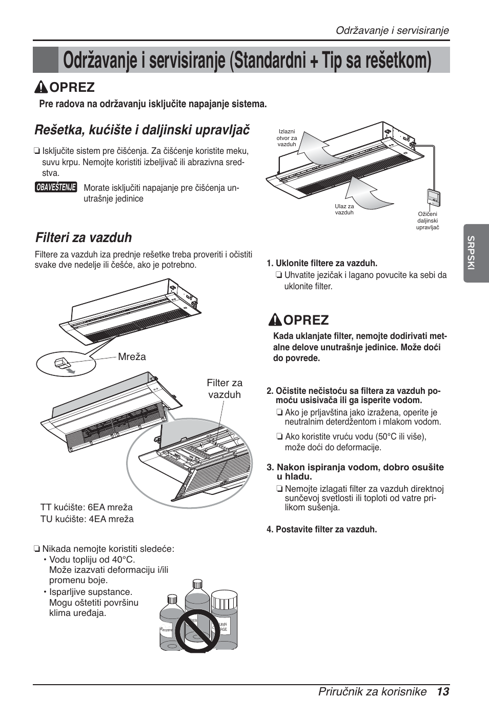 Rešetka, kućište i daljinski upravljač, Filteri za vazduh, Oprez | Priručnik za korisnike 13, Održavanje i servisiranje | LG ARNU09GTUC2 User Manual | Page 221 / 273