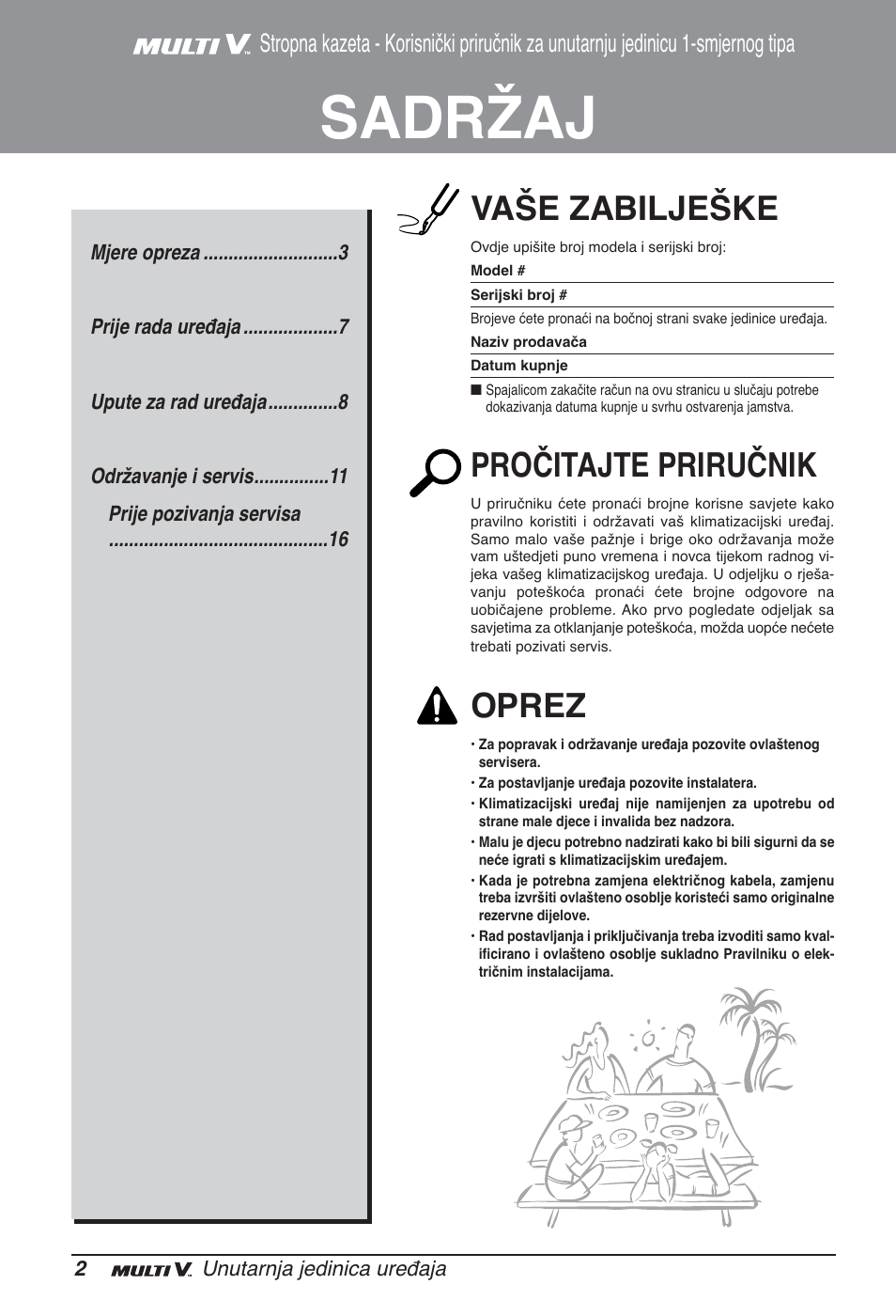 Sadržaj, Vaše zabilješke, Pročitajte priručnik | Oprez | LG ARNU09GTUC2 User Manual | Page 226 / 273