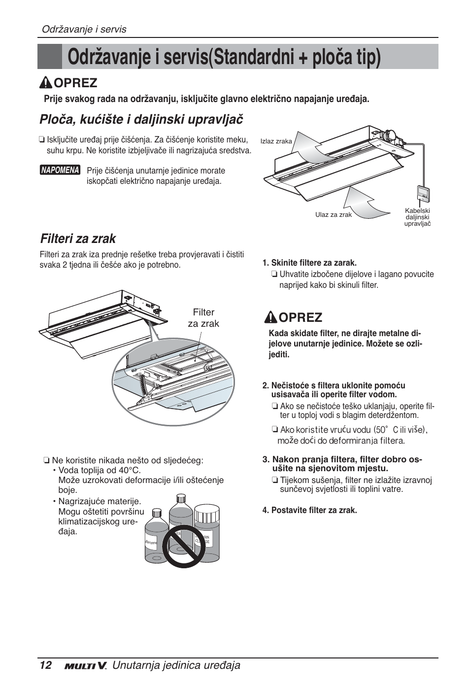 Održavanje i servis(standardni + ploča tip), Ploča, kućište i daljinski upravljač, Filteri za zrak | Oprez, 12 unutarnja jedinica uređaja | LG ARNU09GTUC2 User Manual | Page 236 / 273