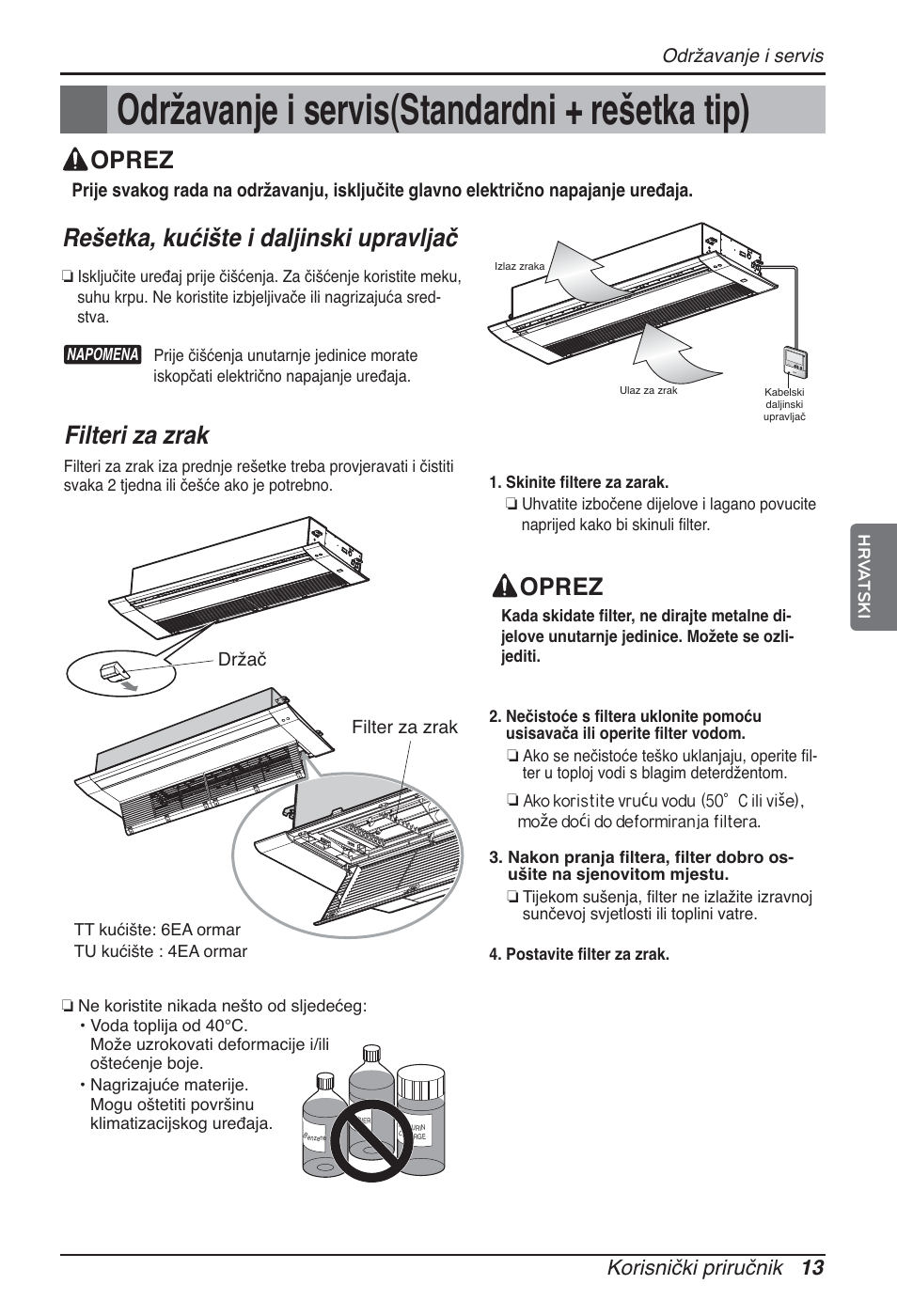 Održavanje i servis(standardni + rešetka tip), Rešetka, kućište i daljinski upravljač, Filteri za zrak | Oprez, Korisnički priručnik 13 | LG ARNU09GTUC2 User Manual | Page 237 / 273