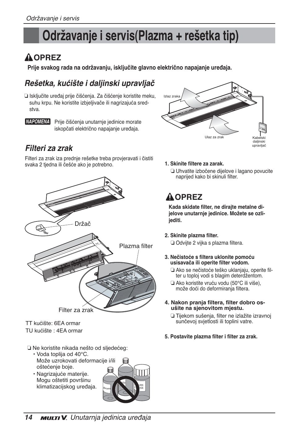 Održavanje i servis(plazma + rešetka tip), Rešetka, kućište i daljinski upravljač, Filteri za zrak | Oprez, 14 unutarnja jedinica uređaja | LG ARNU09GTUC2 User Manual | Page 238 / 273