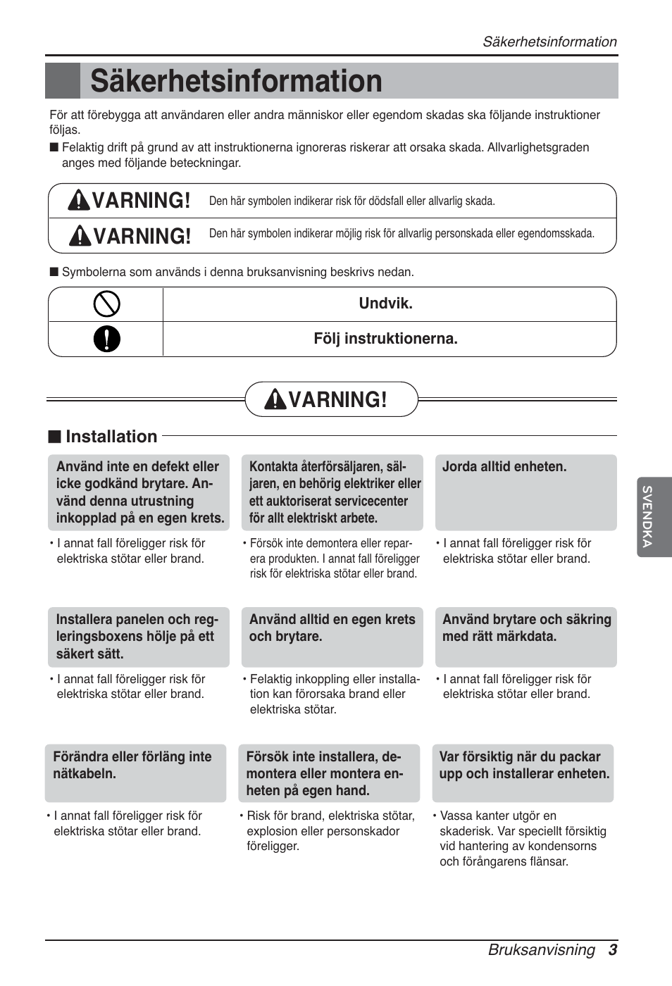 Säkerhetsinformation, Varning, N installation | LG ARNU09GTUC2 User Manual | Page 243 / 273