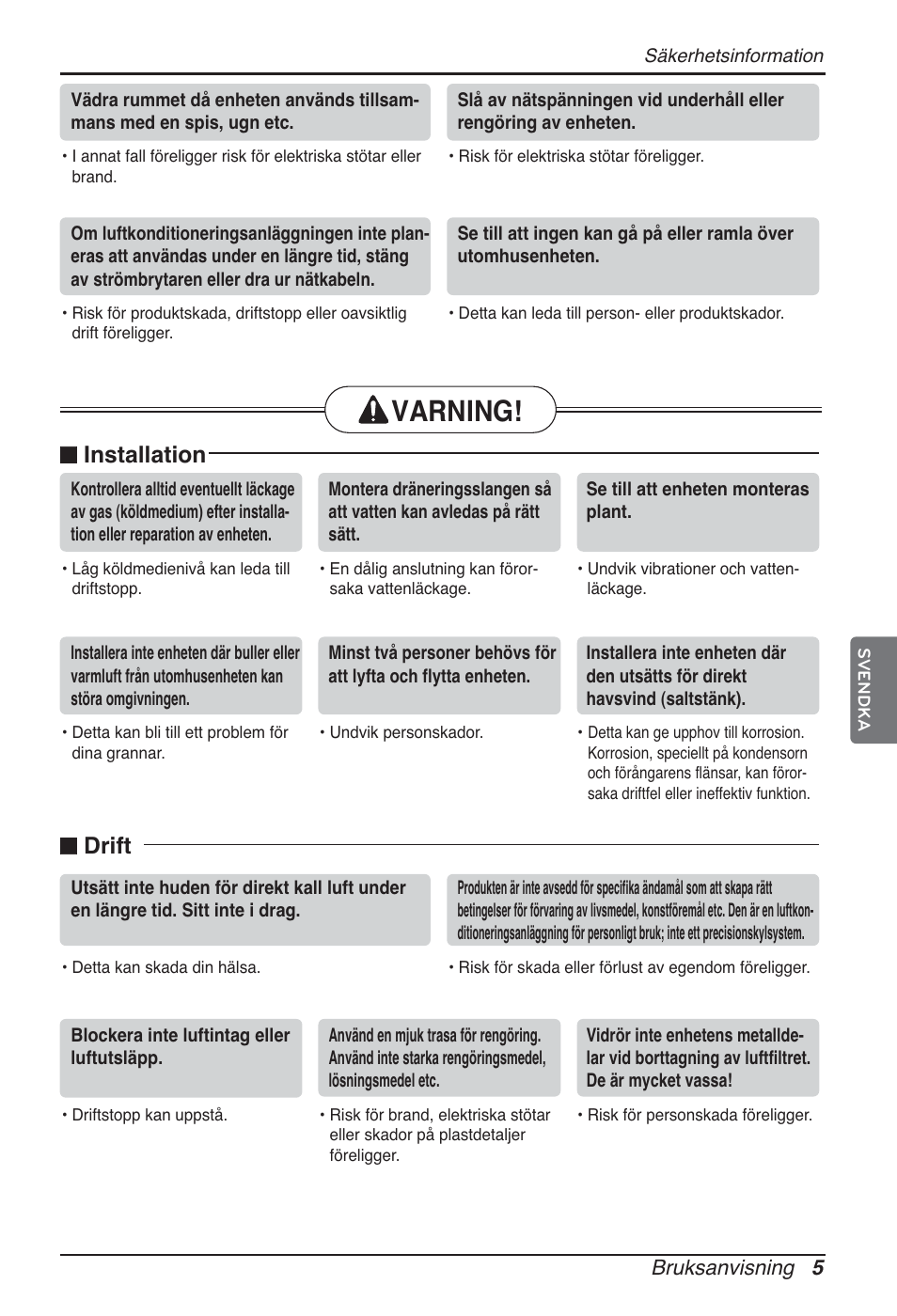 Varning, N installation, N drift | LG ARNU09GTUC2 User Manual | Page 245 / 273