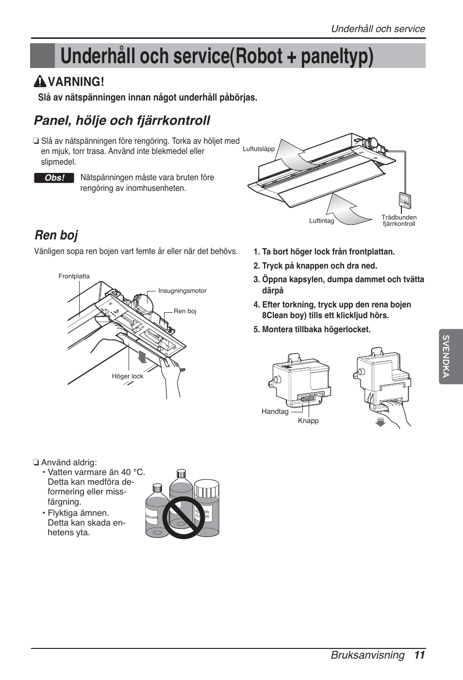 Underhåll och service(robot + paneltyp), Panel, hölje och fjärrkontroll, Ren boj | Varning, Bruksanvisning 11, Underhåll och service | LG ARNU09GTUC2 User Manual | Page 251 / 273