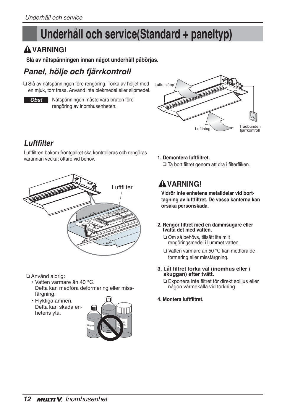 Underhåll och service(standard + paneltyp), Panel, hölje och fjärrkontroll, Luftfilter | Varning, 12 inomhusenhet | LG ARNU09GTUC2 User Manual | Page 252 / 273