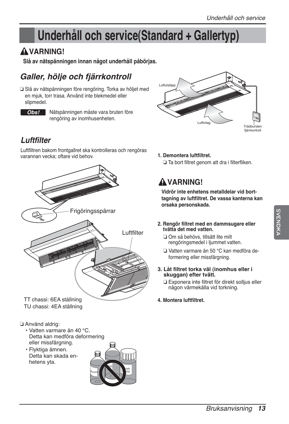 Underhåll och service(standard + gallertyp), Galler, hölje och fjärrkontroll, Luftfilter | Varning, Bruksanvisning 13 | LG ARNU09GTUC2 User Manual | Page 253 / 273