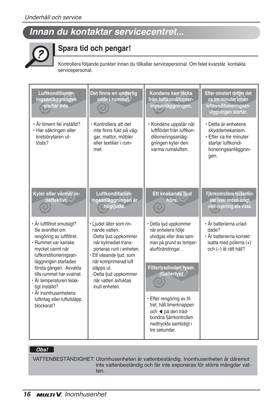 Innan du kontaktar servicecentret, Spara tid och pengar, 16 inomhusenhet | LG ARNU09GTUC2 User Manual | Page 256 / 273