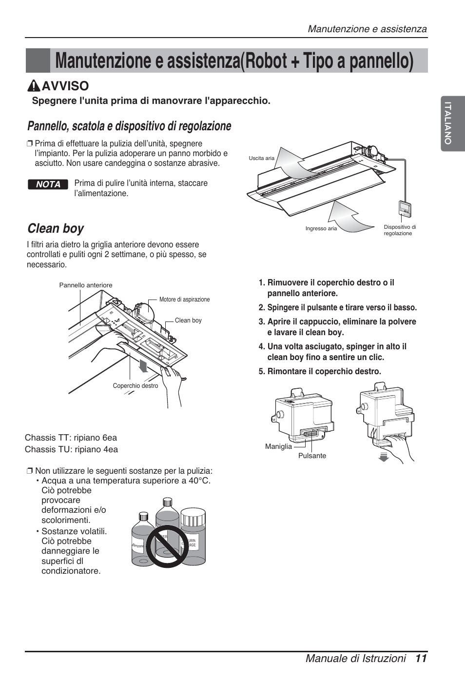 Manutenzione e assistenza(robot + tipo a pannello), Clean boy, Pannello, scatola e dispositivo di regolazione | Avviso, Manuale di istruzioni 11, Manutenzione e assistenza, Spegnere l'unita prima di manovrare l'apparecchio | LG ARNU09GTUC2 User Manual | Page 27 / 273