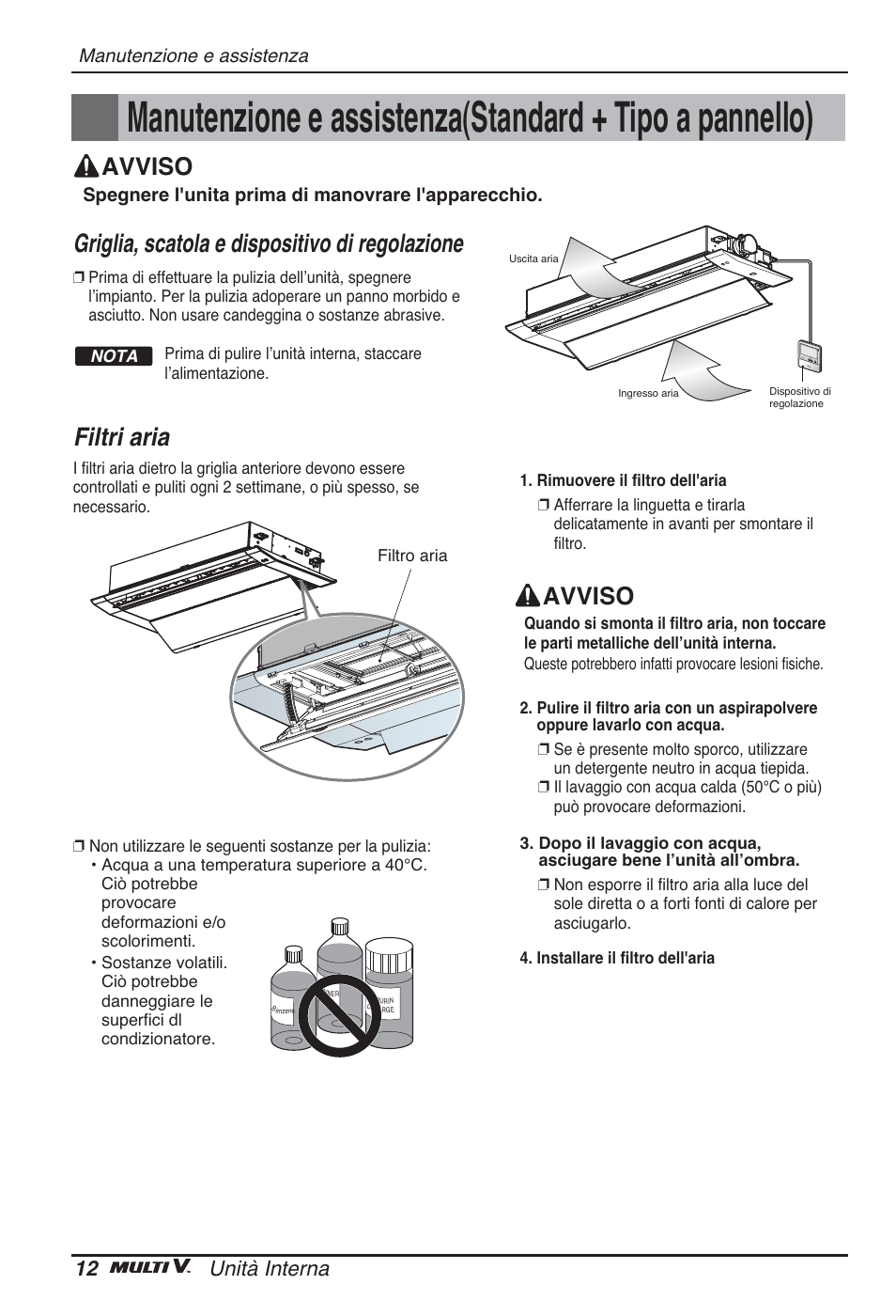 Filtri aria, Griglia, scatola e dispositivo di regolazione, Avviso | 12 unità interna | LG ARNU09GTUC2 User Manual | Page 28 / 273