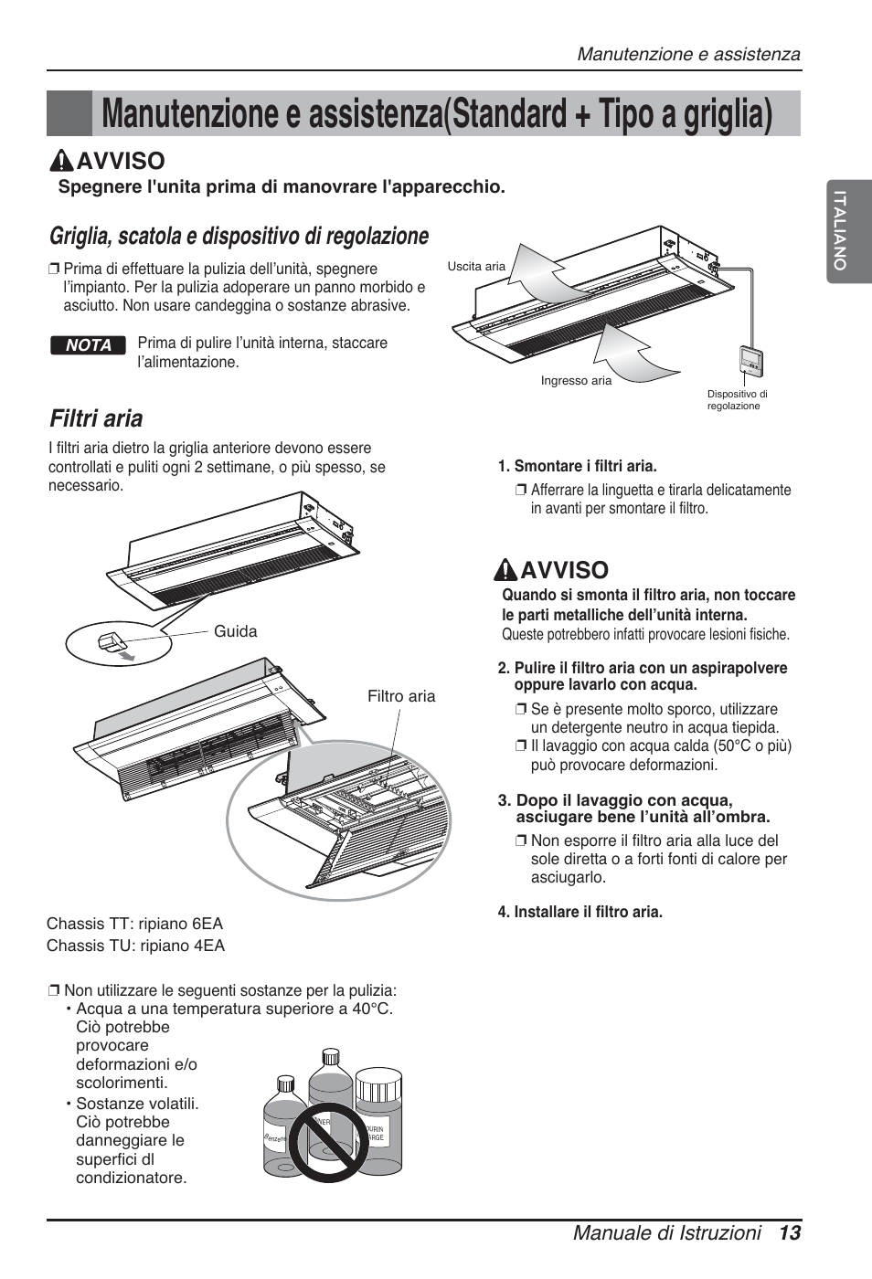 Filtri aria, Griglia, scatola e dispositivo di regolazione, Avviso | Manuale di istruzioni 13 | LG ARNU09GTUC2 User Manual | Page 29 / 273