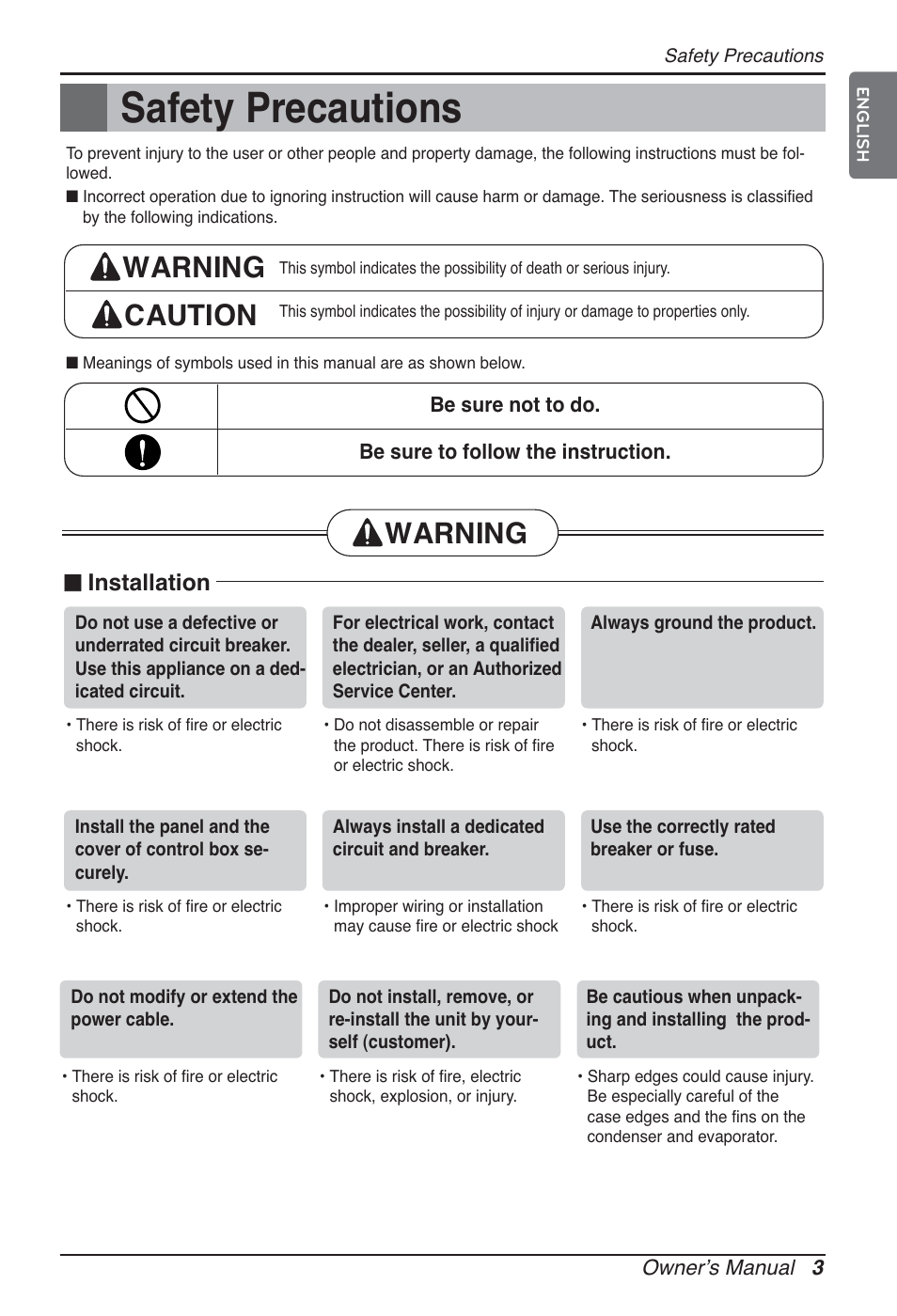 Safety precautions, Warning caution, Warning | N installation | LG ARNU09GTUC2 User Manual | Page 3 / 273