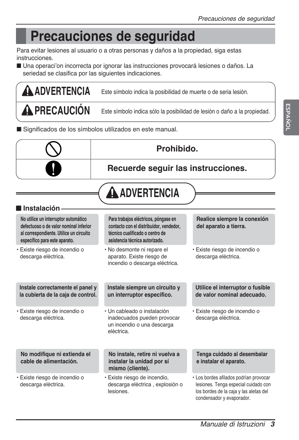 Precauciones de seguridad, Advertencia, Advertencia precaución | Prohibido. recuerde seguir las instrucciones | LG ARNU09GTUC2 User Manual | Page 35 / 273