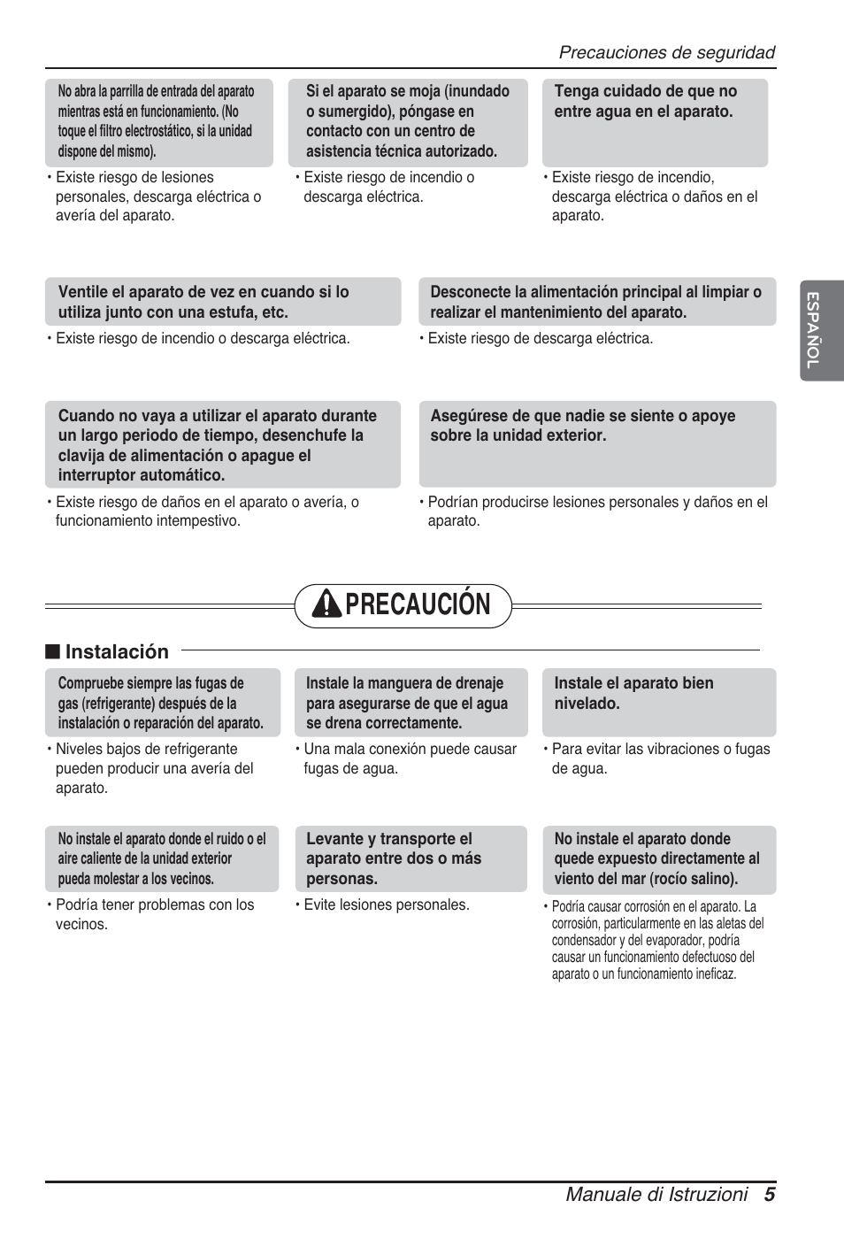 Precaución, Manuale di istruzioni 5, N instalación | LG ARNU09GTUC2 User Manual | Page 37 / 273