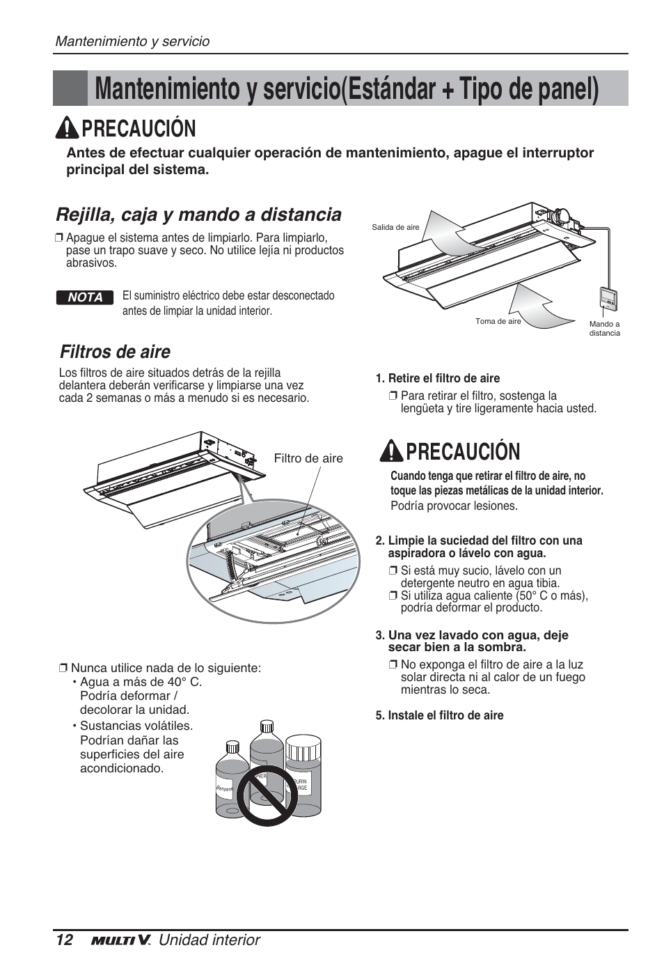 Mantenimiento y servicio(estándar + tipo de panel), Precaución, Filtros de aire | Rejilla, caja y mando a distancia, 12 unidad interior | LG ARNU09GTUC2 User Manual | Page 44 / 273