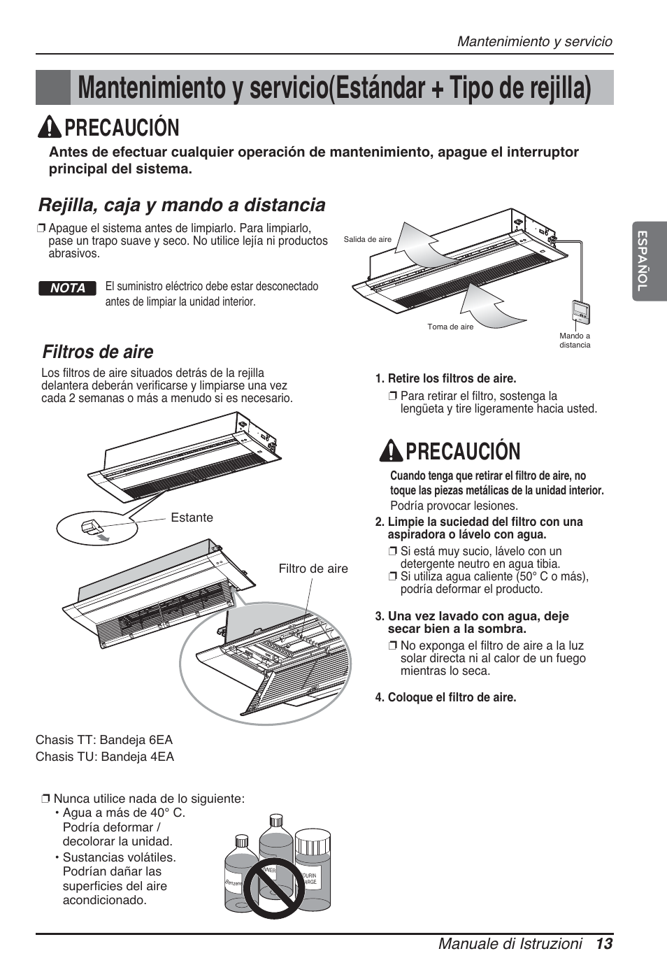 Precaución, Filtros de aire, Rejilla, caja y mando a distancia | Manuale di istruzioni 13 | LG ARNU09GTUC2 User Manual | Page 45 / 273