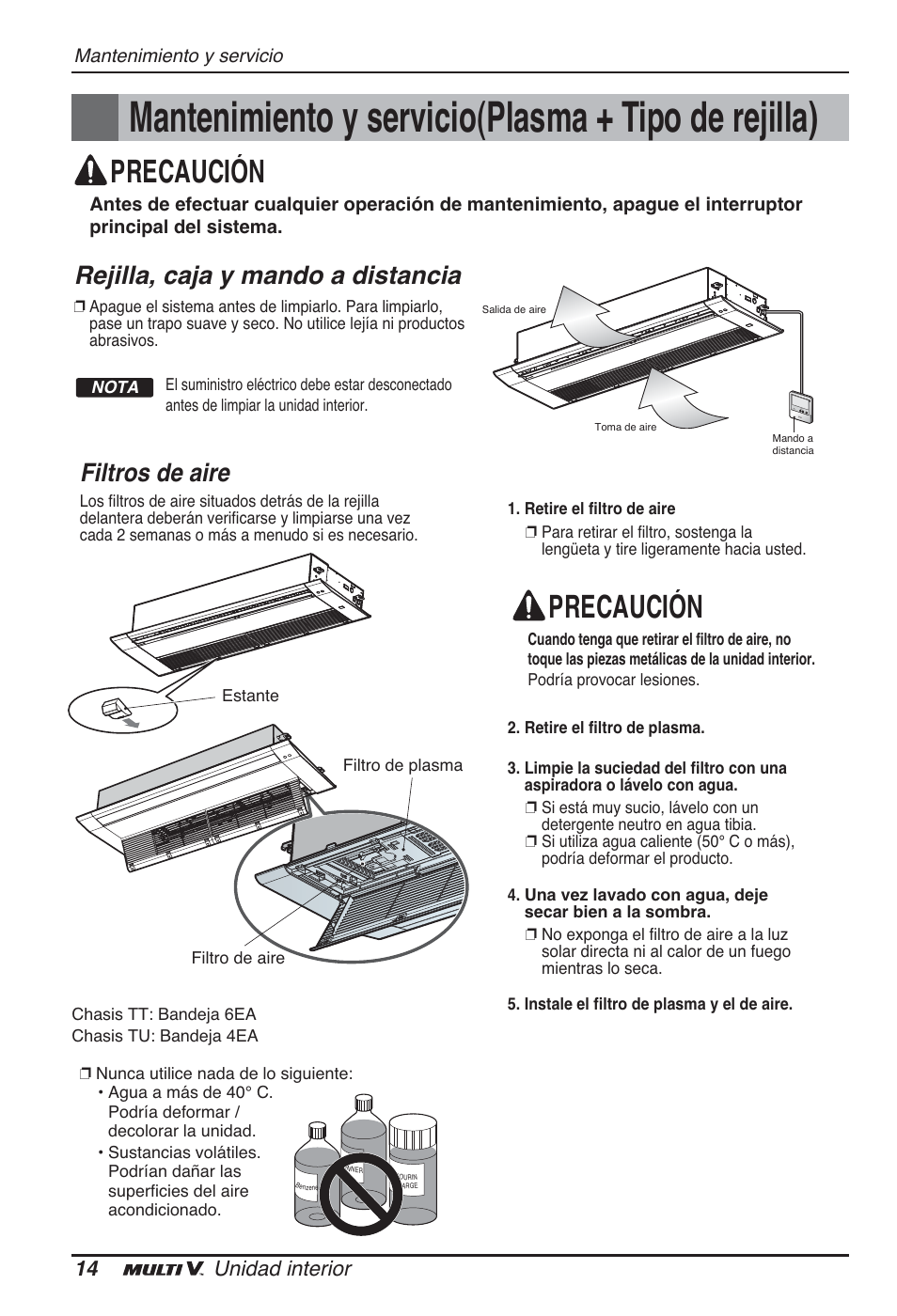 Mantenimiento y servicio(plasma + tipo de rejilla), Precaución, Filtros de aire | Rejilla, caja y mando a distancia, 14 unidad interior | LG ARNU09GTUC2 User Manual | Page 46 / 273