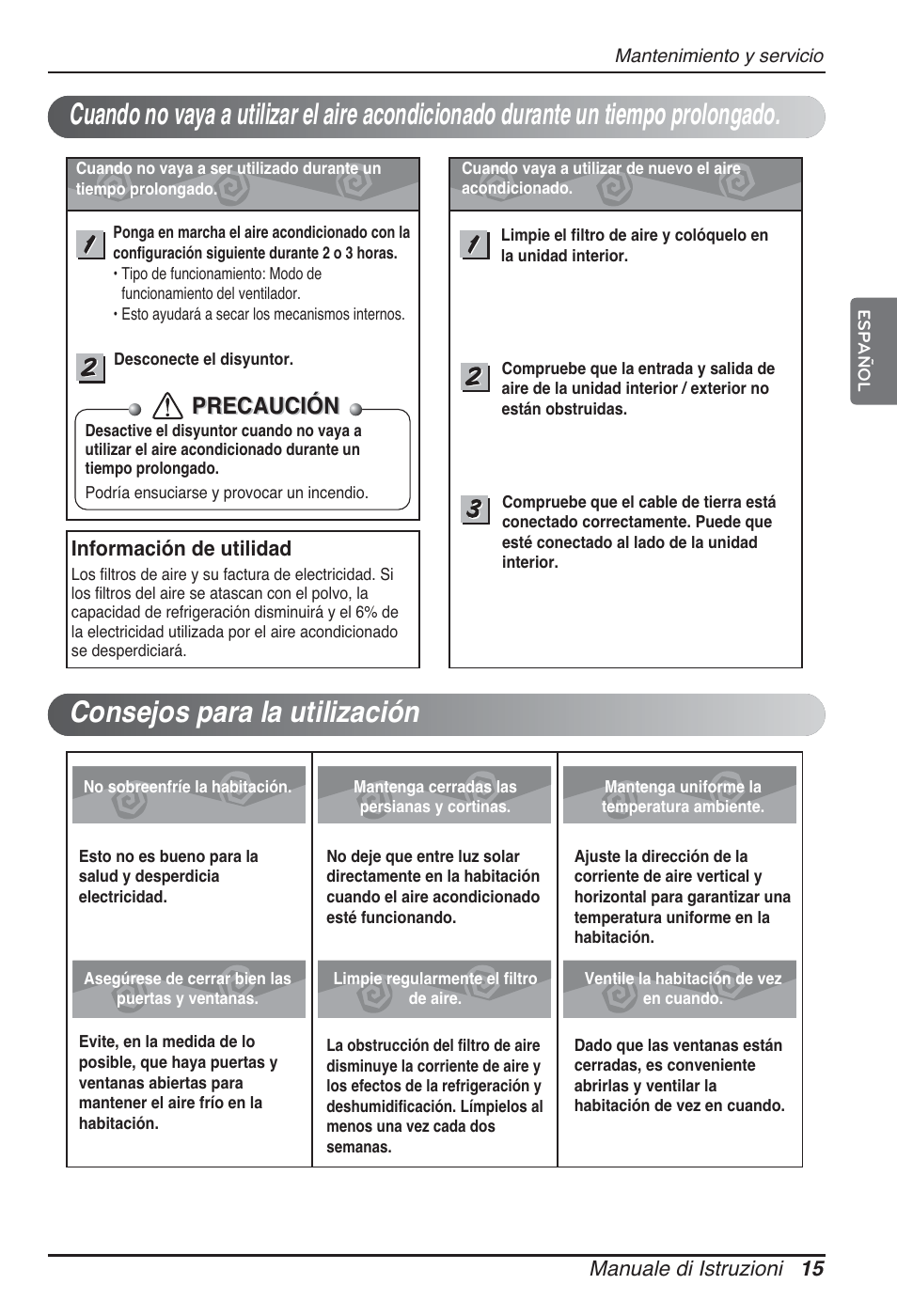 Precaución, Manuale di istruzioni 15, Información de utilidad | LG ARNU09GTUC2 User Manual | Page 47 / 273