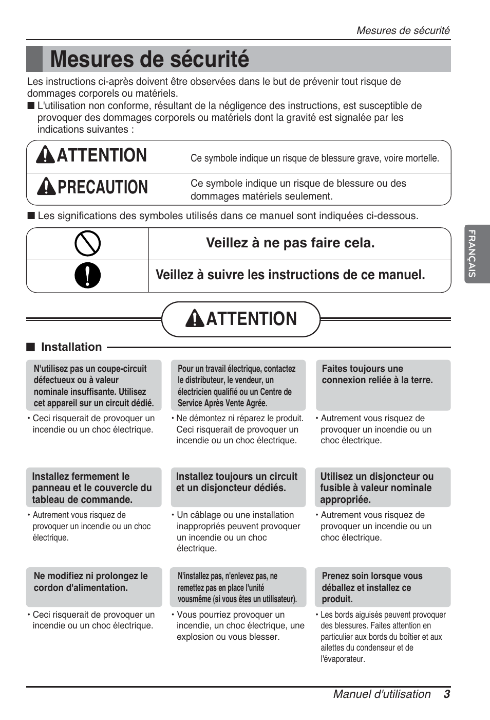 Mesures de sécurité, Attention precaution, Attention | LG ARNU09GTUC2 User Manual | Page 51 / 273