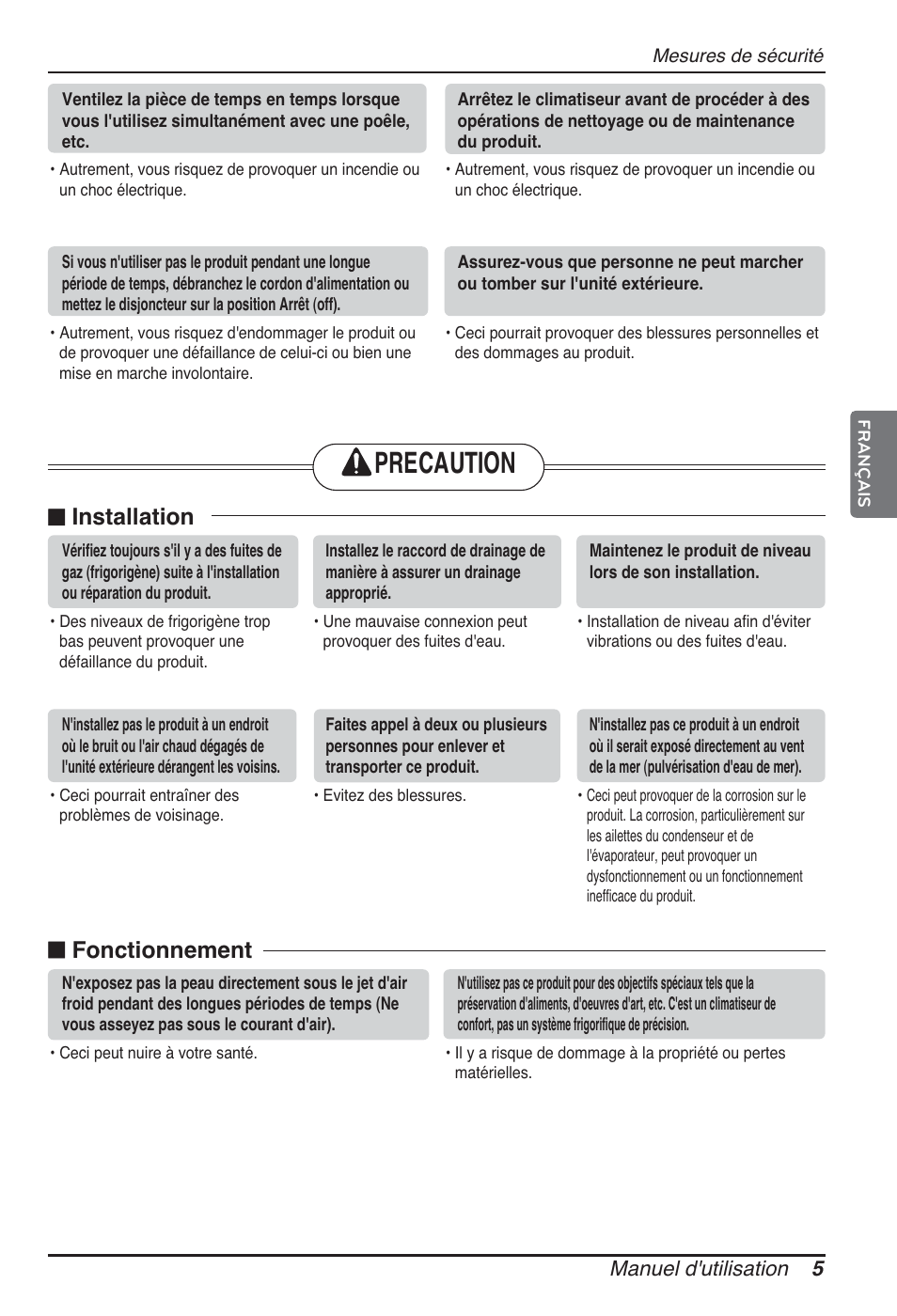 Precaution, N installation, N fonctionnement | Manuel d'utilisation 5 | LG ARNU09GTUC2 User Manual | Page 53 / 273