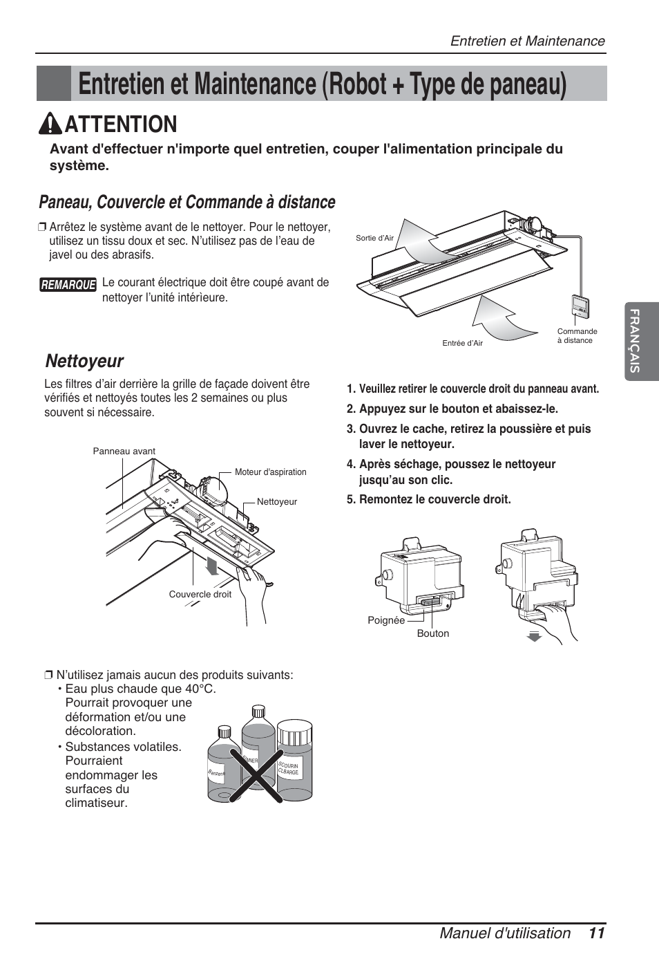 Entretien et maintenance (robot + type de paneau), Attention, Nettoyeur | Paneau, couvercle et commande à distance, Manuel d'utilisation 11, Entretien et maintenance | LG ARNU09GTUC2 User Manual | Page 59 / 273