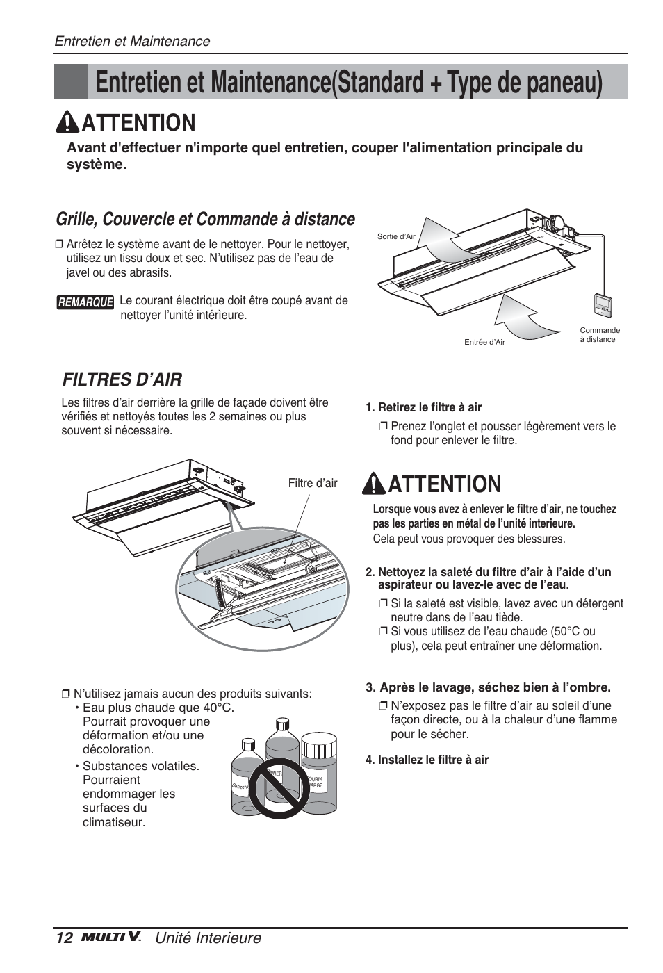 Attention, Filtres dʼair, Grille, couvercle et commande à distance | 12 unité interieure | LG ARNU09GTUC2 User Manual | Page 60 / 273