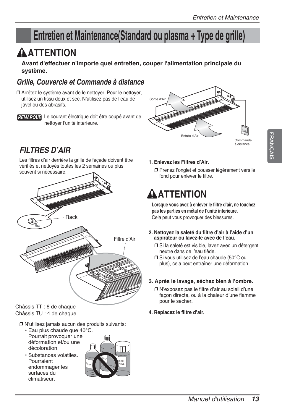 Attention, Filtres dʼair, Grille, couvercle et commande à distance | Manuel d'utilisation 13 | LG ARNU09GTUC2 User Manual | Page 61 / 273