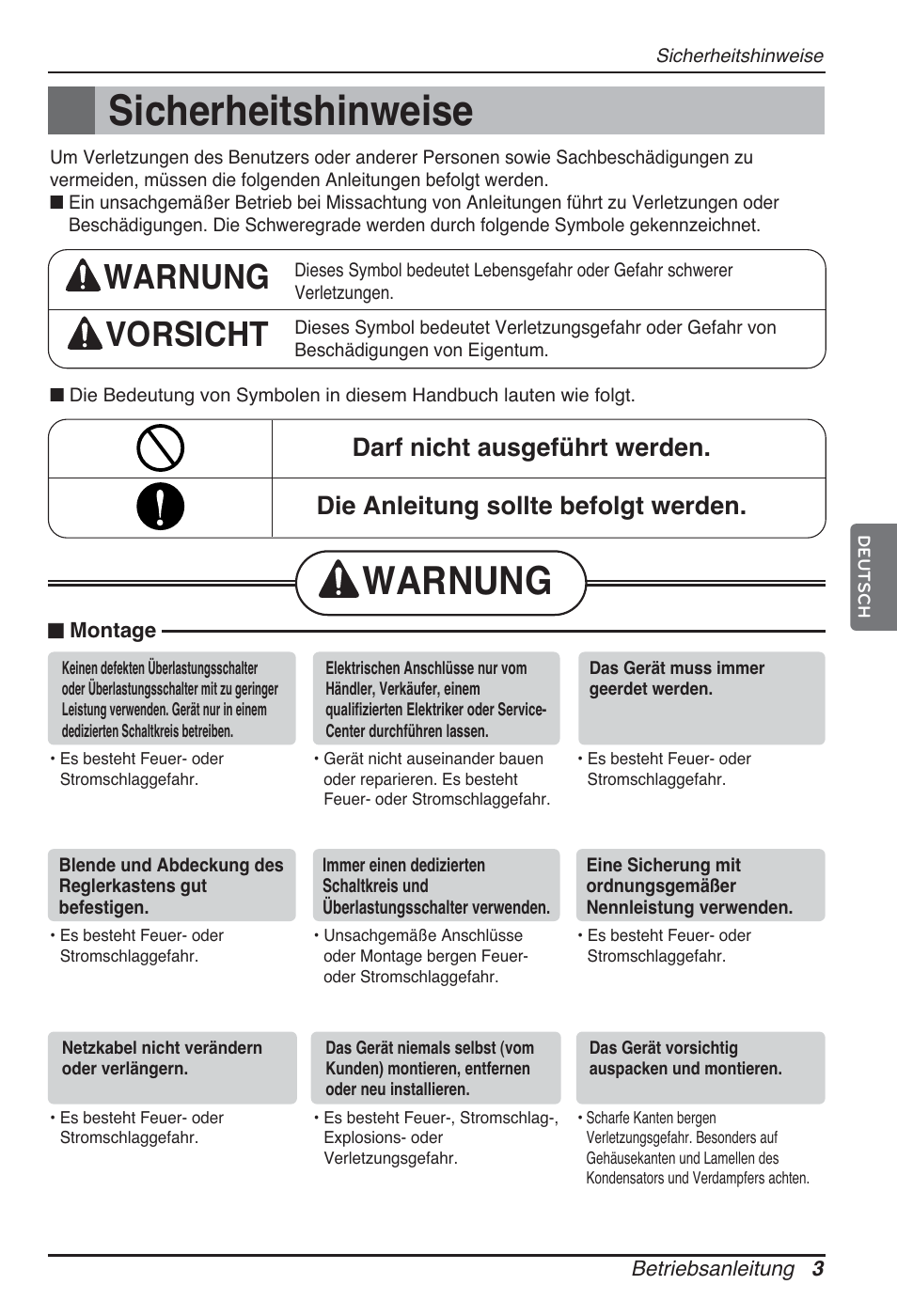 Sicherheitshinweise, Warnung, Warnung vorsicht | LG ARNU09GTUC2 User Manual | Page 67 / 273