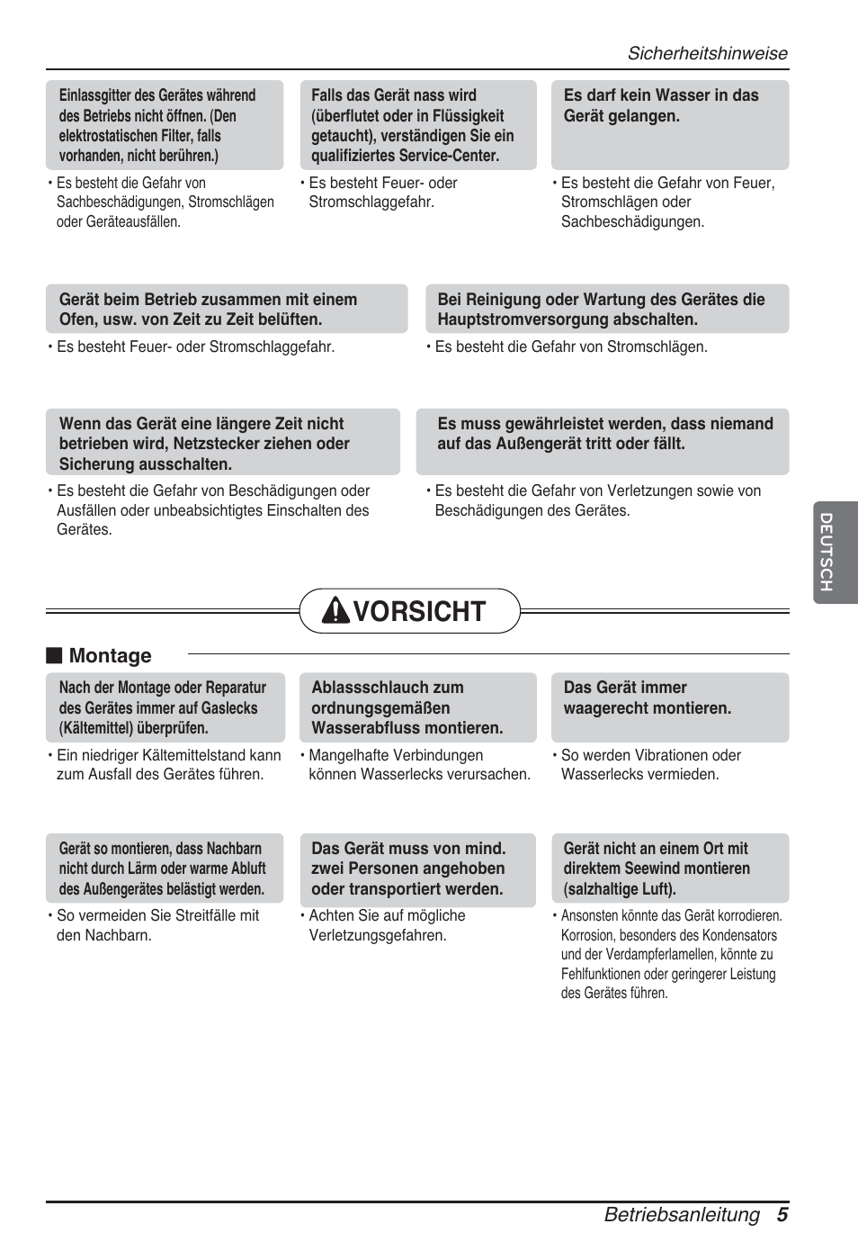 Vorsicht, Betriebsanleitung 5, Montage | LG ARNU09GTUC2 User Manual | Page 69 / 273