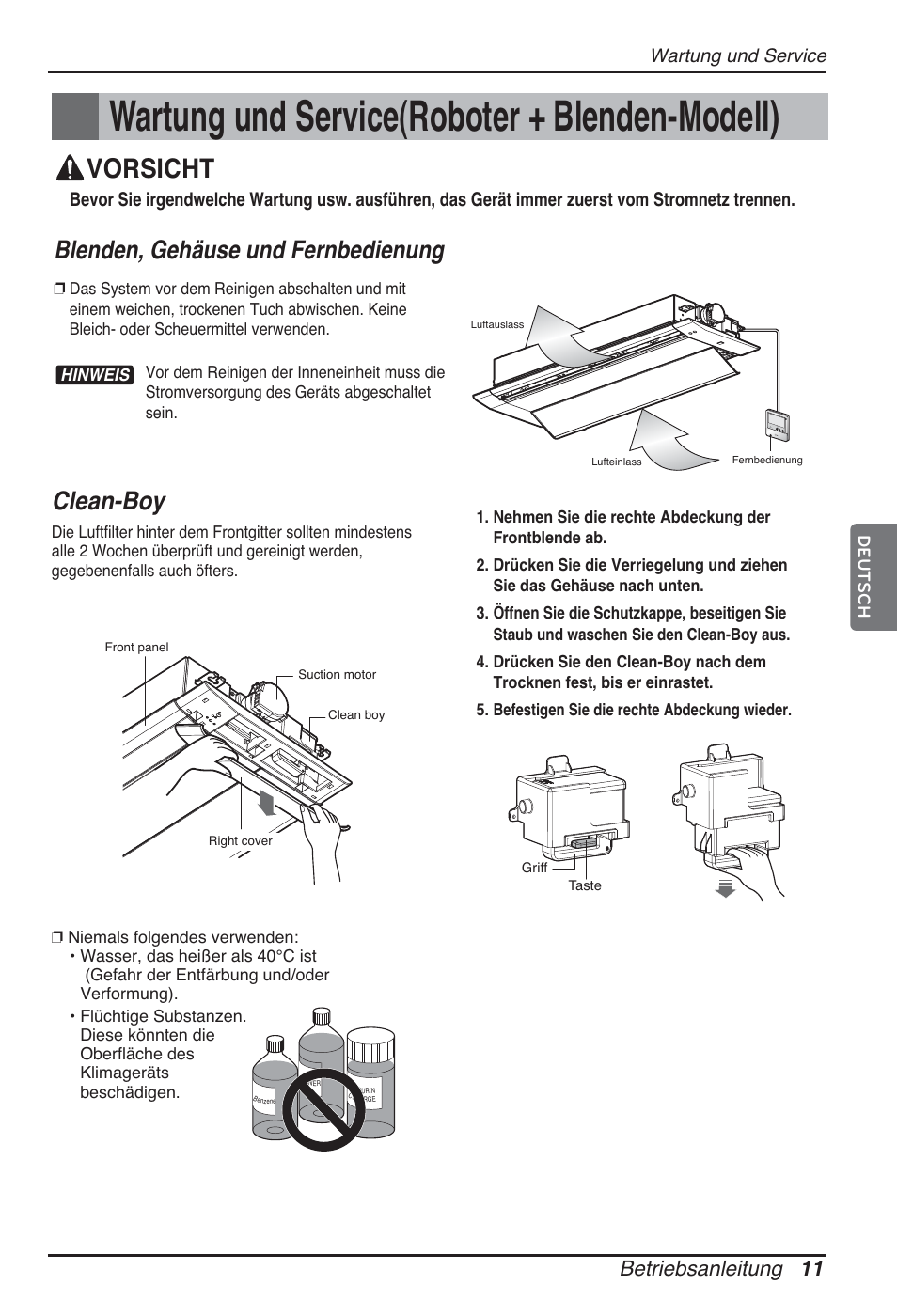 Wartung und service(roboter + blenden-modell), Vorsicht, Clean-boy | Blenden, gehäuse und fernbedienung, Betriebsanleitung 11, Wartung und service | LG ARNU09GTUC2 User Manual | Page 75 / 273