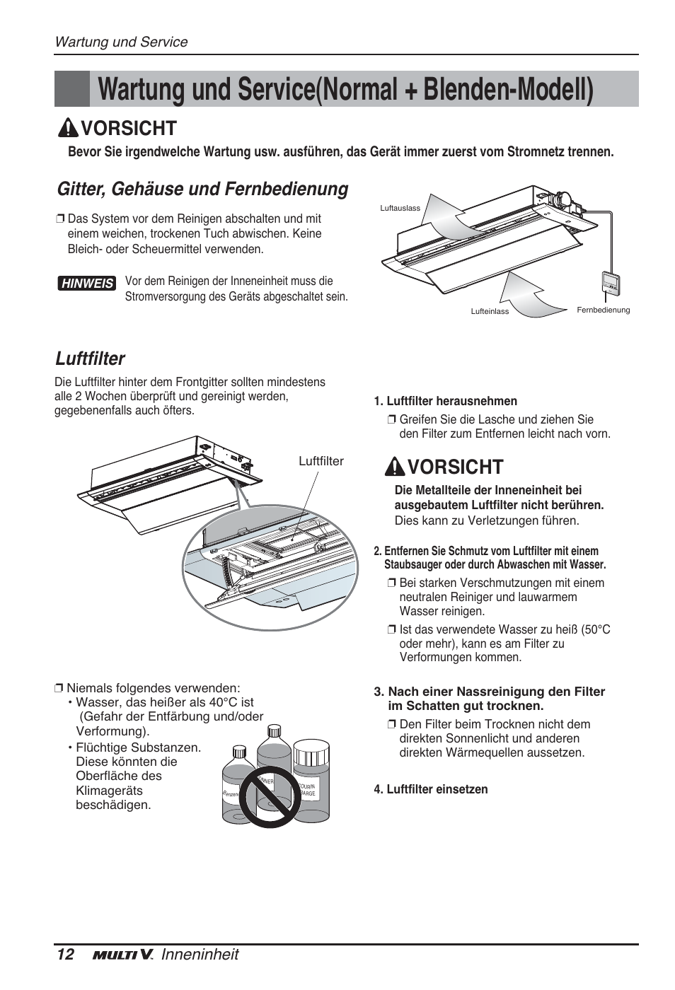 Wartung und service(normal + blenden-modell), Vorsicht, Luftfilter | Gitter, gehäuse und fernbedienung, 12 inneninheit | LG ARNU09GTUC2 User Manual | Page 76 / 273